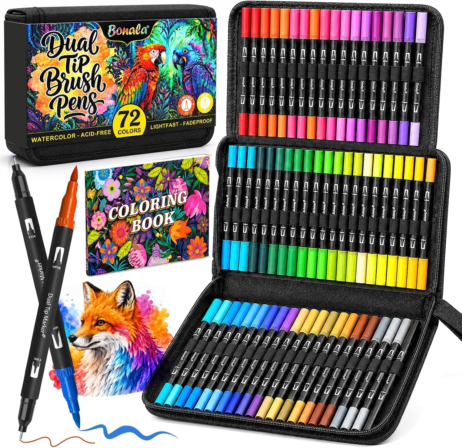 Bonala 72 Colores Rotuladores Lettering Doble Punta, Rotuladores Punta Fina y Punta Pincel, Brush Pen Acuarelables con …