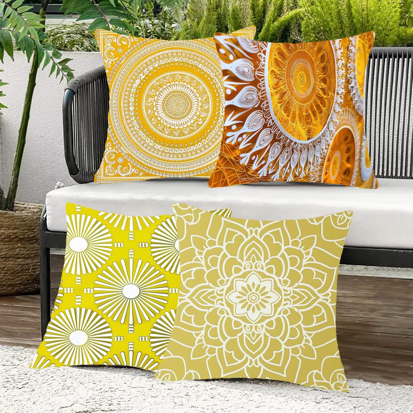Kissenbezug 60x60 cm Muster 4er Set Sofakissen Superweichem Doppelnähten Versteckter Reißverschluss Gelb Outdoor Kissen Leinen gelten für Auto Terrassen-Gartenbank Wohndeko Schlafzimmer Sofa 8-L