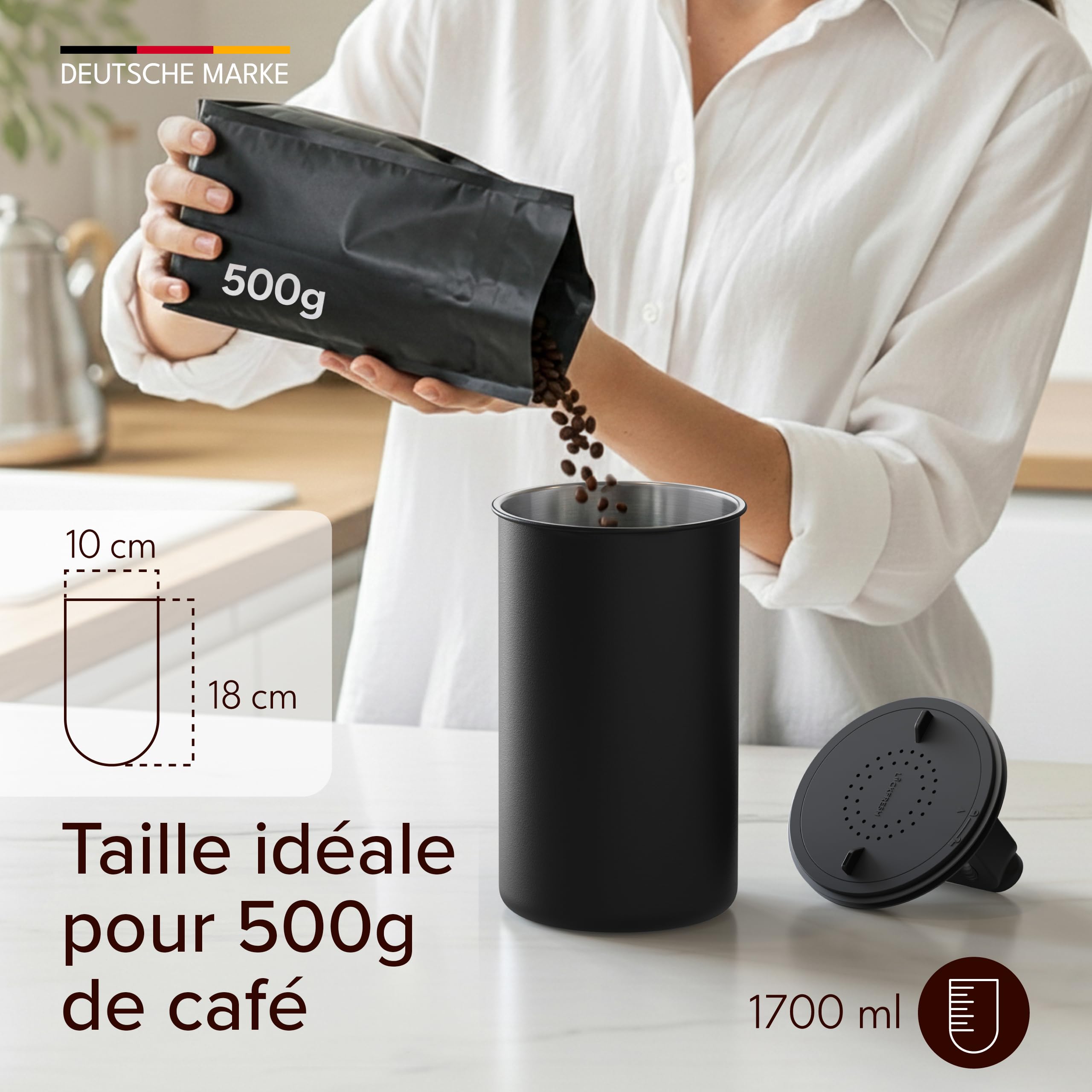 KC Kitchen & Co. Boîte à café hermétique pour 500 g de grains de café, en acier inoxydable, avec couvercle sous vide et fermeture aromatique, boîte de rangement pour café, thé, sucre, céréales, noir