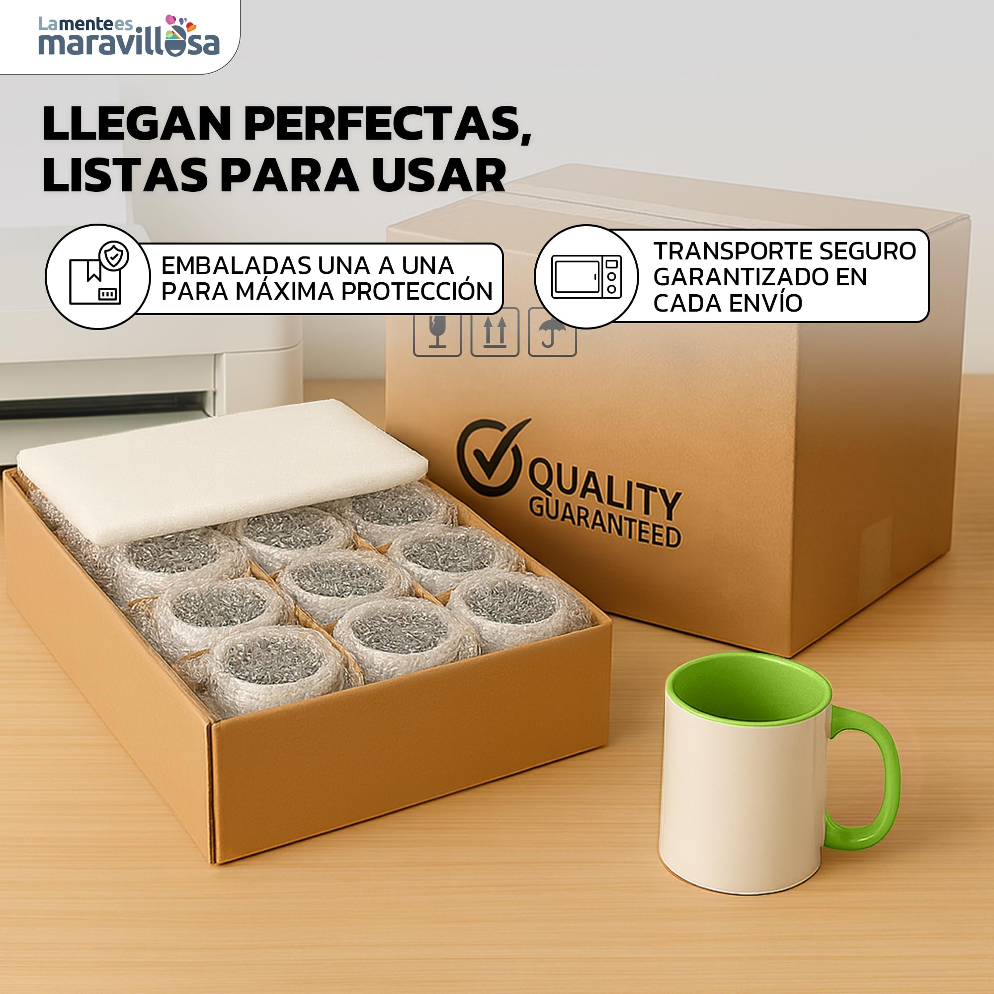 LA MENTE ES MARAVILLOSA - Tazas de Cerámica para Sublimación【Pack de 36】 11 oz/330 ml - Regalo Original | 8x10 cm | Ideales para Café, Té e Infusiones, Aptas para Microondas (Blanco/Verde)