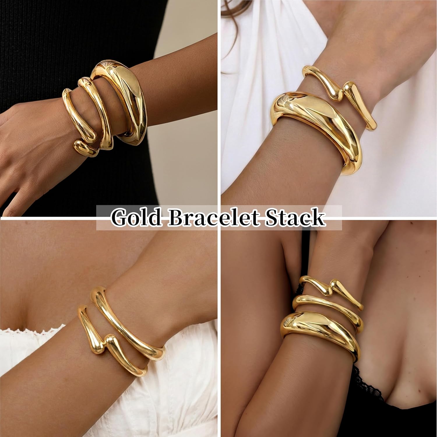 Chunky S925 Sterling Silver Plated Bangle Bracelets Stack for Women, Thick Statement Gold Plated Stackable Bangle Cuff Bracelets Set for Women Non Tarnish,Trendy Big Large Gold Bracelet Stacked Fashion Jewelry Gifts - Image 6