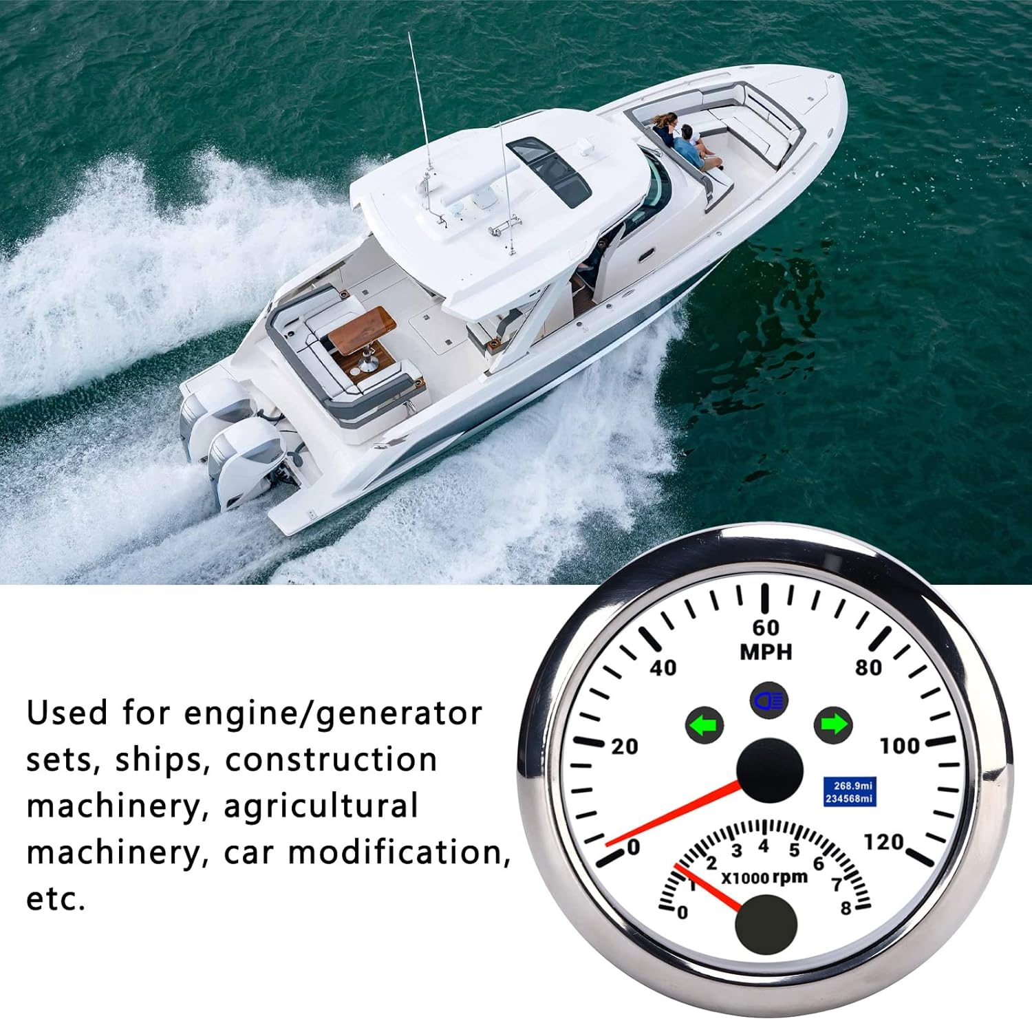 Speedometer Plastic Stainless Steel 85mm 0?120MPH Speedometer Gauge with Tachometer 8000 RPM Overspeed Alarm LCD Red Backlight for 12V/24V Car Boat ATV((White CX8192))