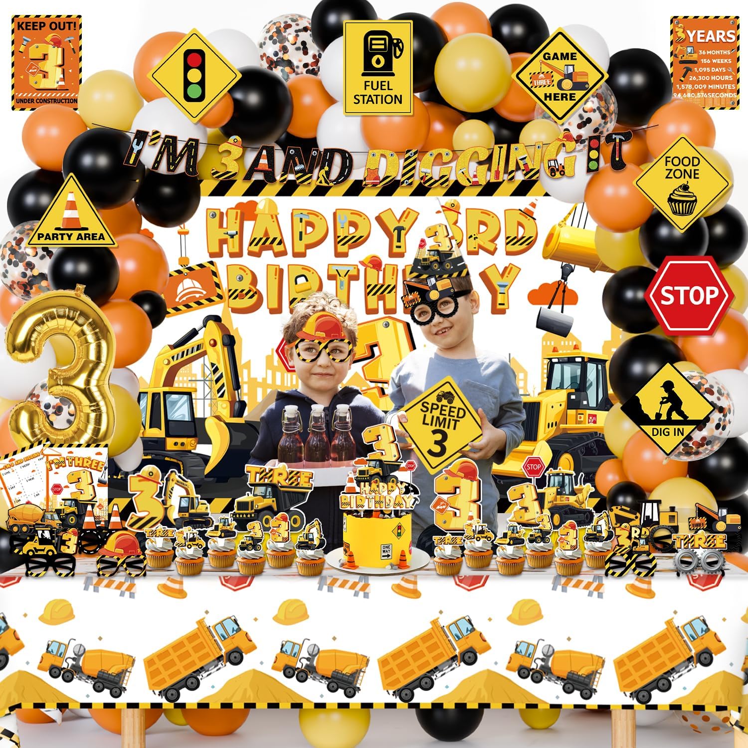 Mpanwen Construction 3rd Party Decorations, 127Pcs Truck Construction 3rd Birthday Party Supplies for 3 Years Old Baby Boys - Backdrop, Wall Signs, Banner, Tablecloth, Hat, Poster, Paper Glasses