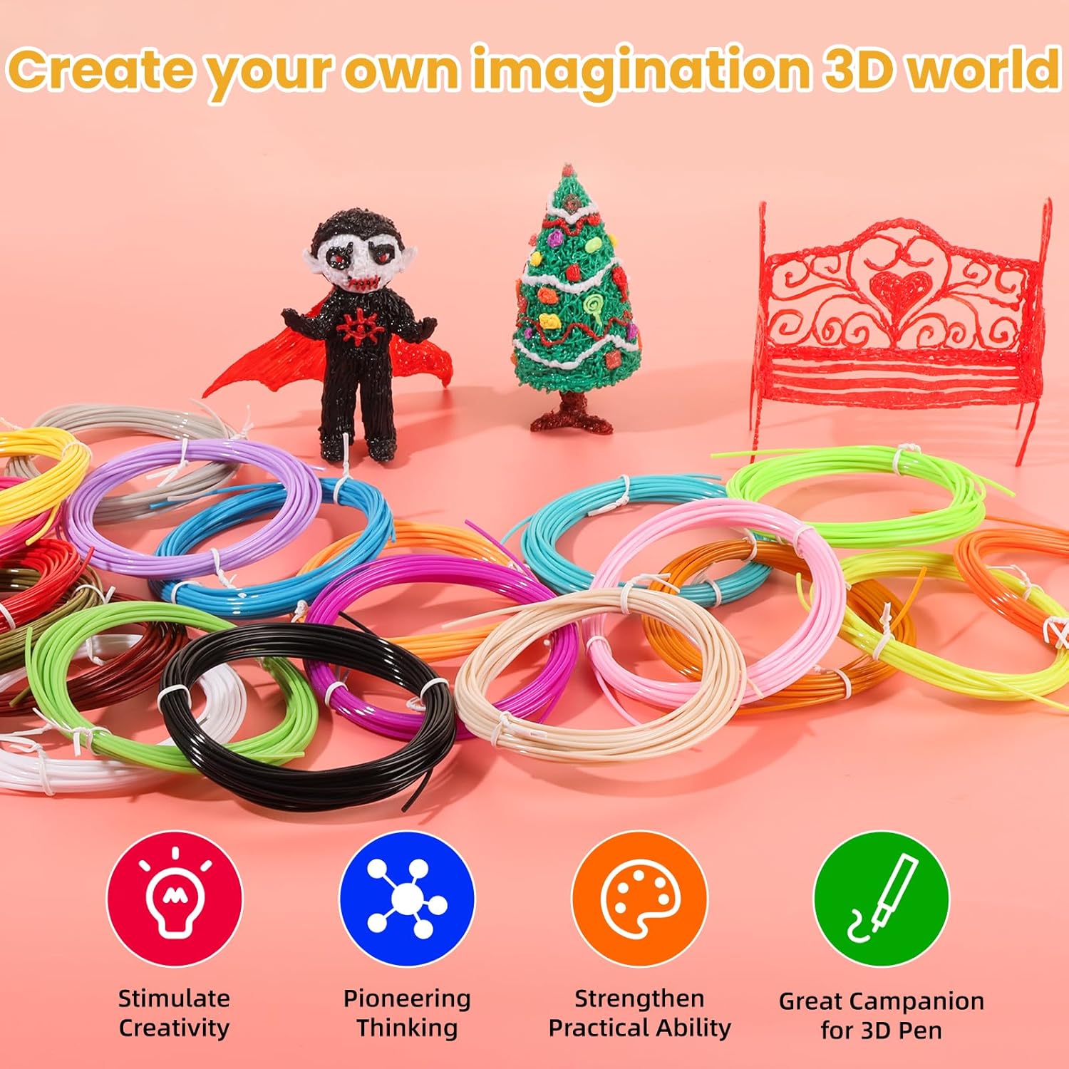 1.75mm 3D Pen Filament Refill, 20 Color PLA Filament (328 Ft) with 16.4 Ft per Color, for 3D Printing Pens, DIY Arts & Crafts Projects