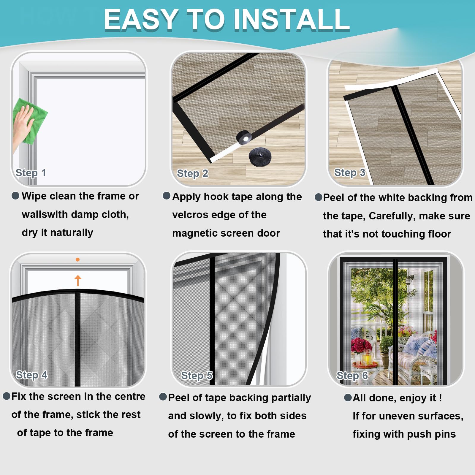 Magnetic Screen Door Mesh, Fit Door 28 x 80 inch, Black Actual Net Screen Size Include Edges 30" x 82" for Patio, Sliding Door, Keeps Bugs Out, Fresh Air Flow, Self Closing — view 9