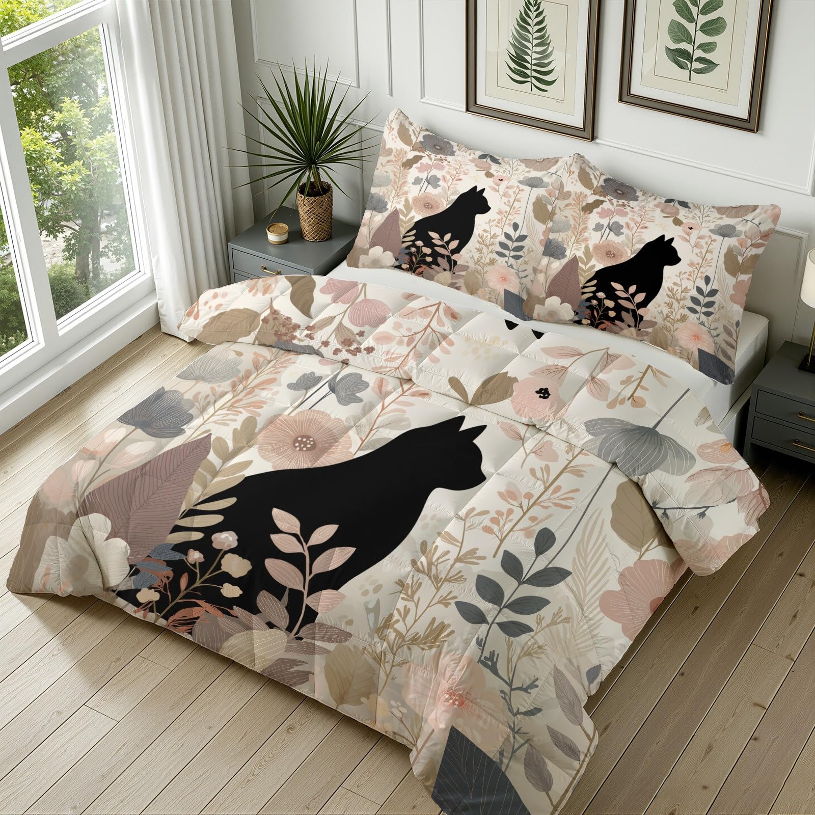 Schwarzes Katze Silhouette Bettwäsche 155x220 cm 3teilig - Pflanzen Blumen Druck Bettdecke Ohne Bezug mit 2 Kissenbezüge 80x80 cm, Waschbare Duvet Wendebettwäsche Bedding mit Reißverschluss