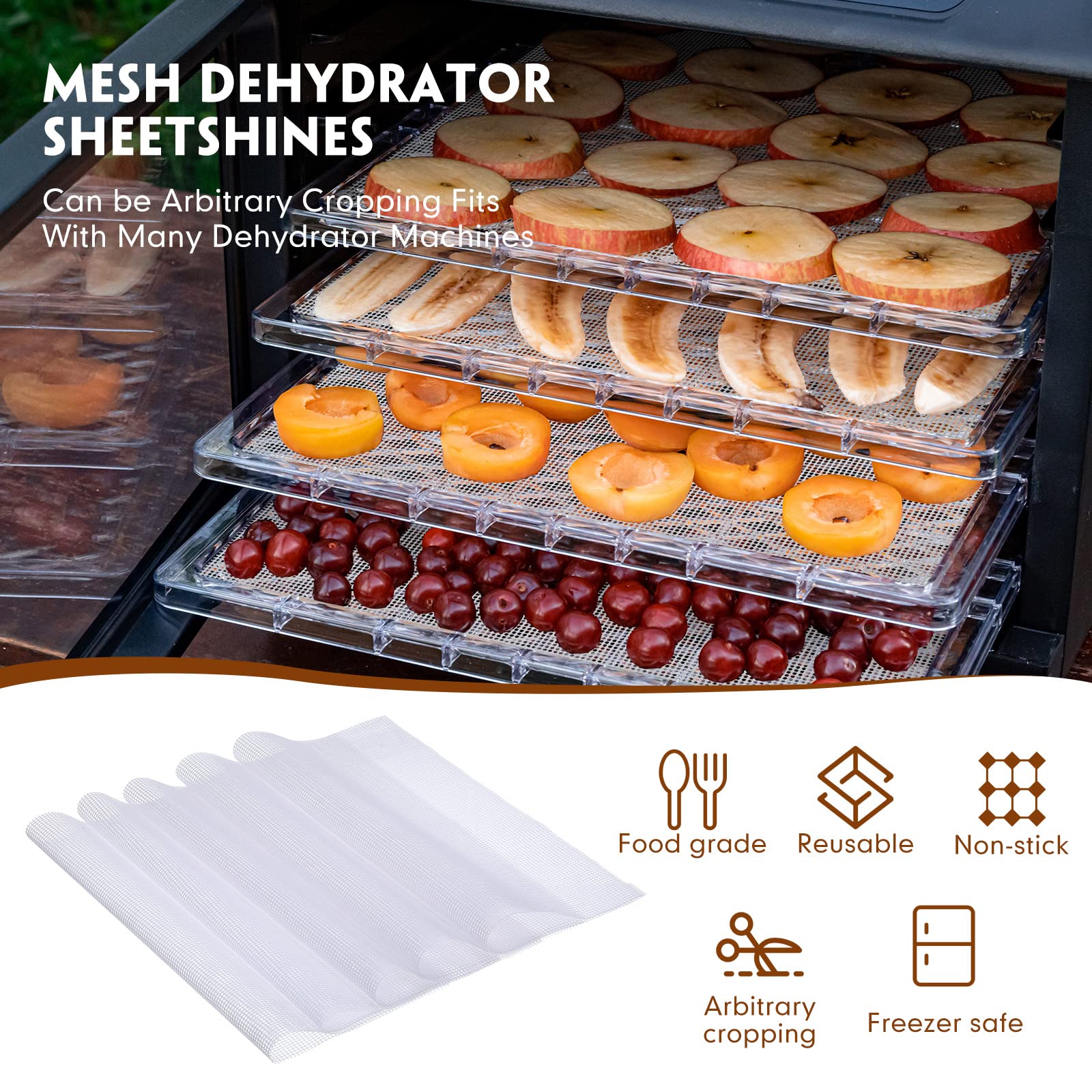 8 hojas deshidratadoras de silicona con borde y 10 alfombrillas deshidratadoras de malla con bandeja raspadora de silicona, bandejas de cuero de frutas para accesorios antiadherentes para 3