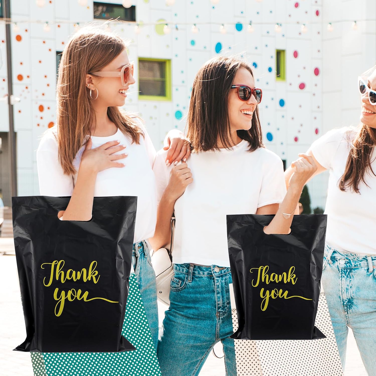 300 PCS Thank You Bags with Handle Black Sale Bag for Small Business Clothes Boutique Gift, 3 Sizes Plastic Retail Grocery Shopping Bags, Reusable Goodie Bag Bulk for Store Party Favor Purchase