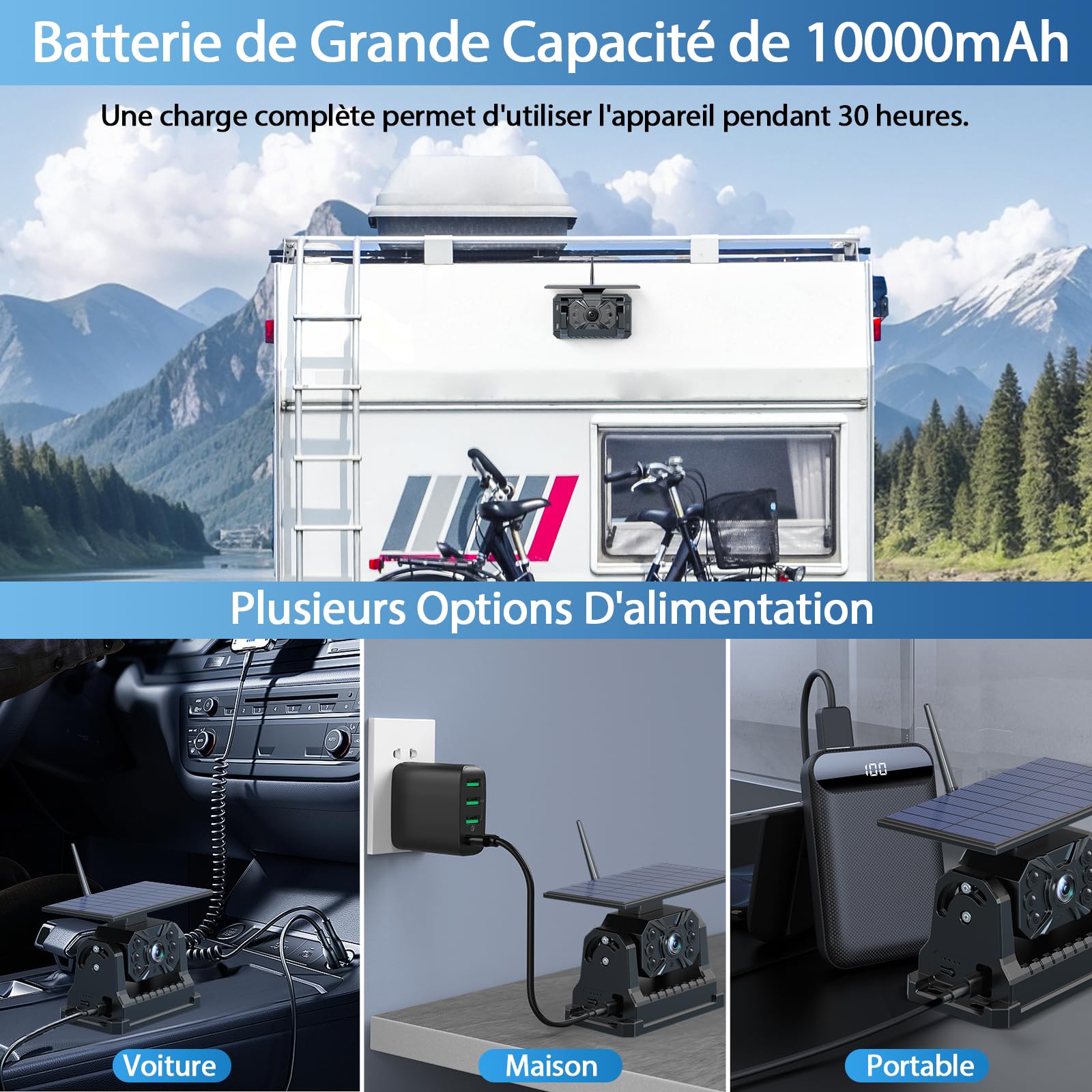 Solaire Caméra de Recul sans Fil, 10000mAh Caméra Magnétique à Batterie Rechargeable avec 7" Moniteur, 170° Grand Angle, Installation de Bricolage, pour Camions, Camping Car, Caravane
