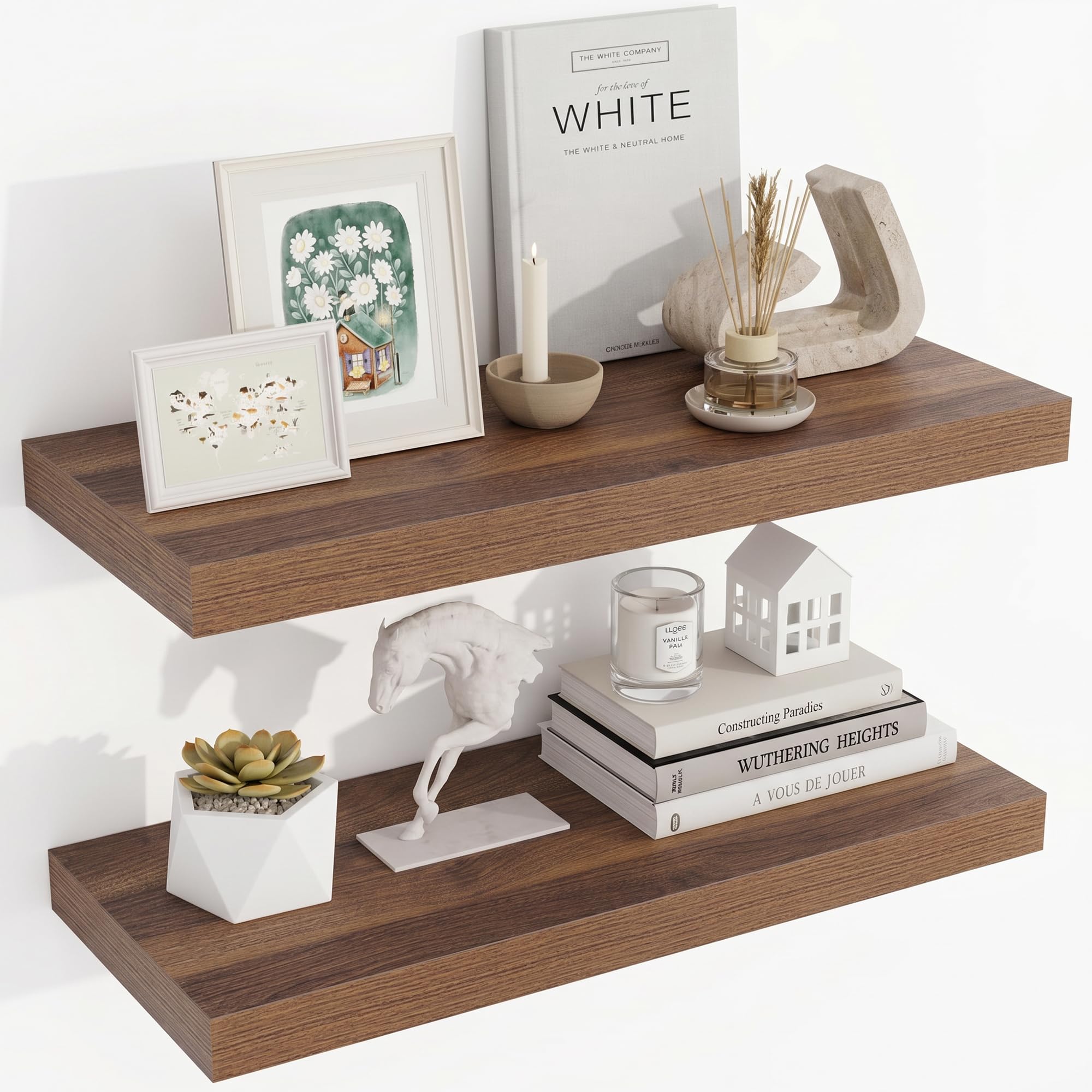 Acovy Floating Shelves for Wall, 23.5cm Extra Deep 60cm Long Wooden Wall Mounted Shelf, Wall Shelves for Living Room Bathroom Bedroom Kitchen, Walnut, Set of 2