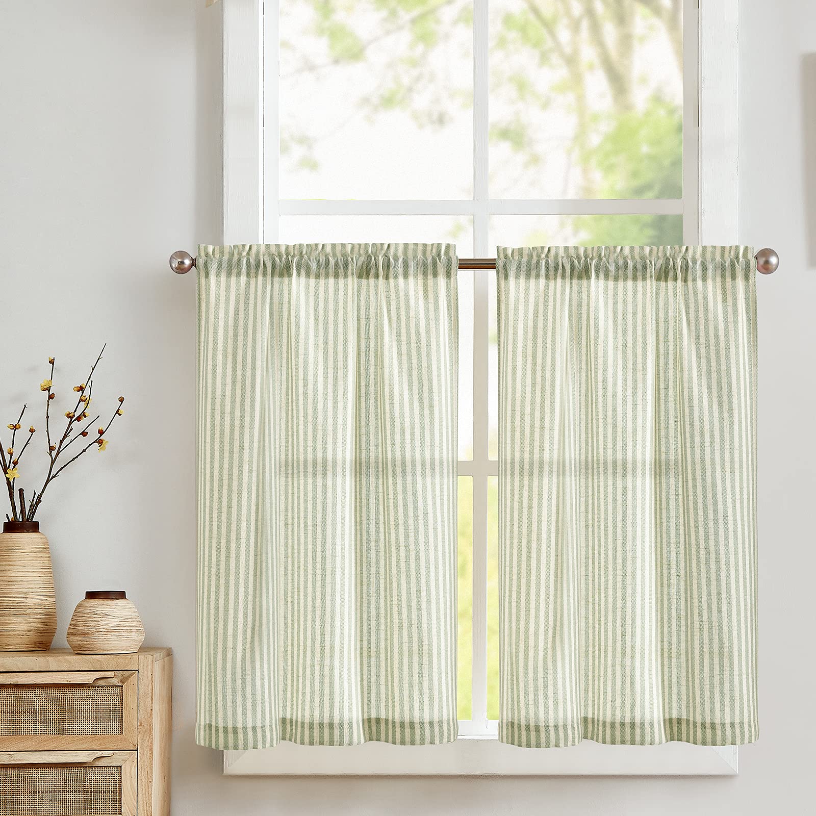 COLLACT Kitchen Curtains 36 Inch Length Linen Curtains Pinstripe Pattern Sage Tiers for Kitchen Bathroom Farmhouse Country Rustic Rod Pocket Half Window Ticking Striped Curtains 2 Panels Sage on Beige