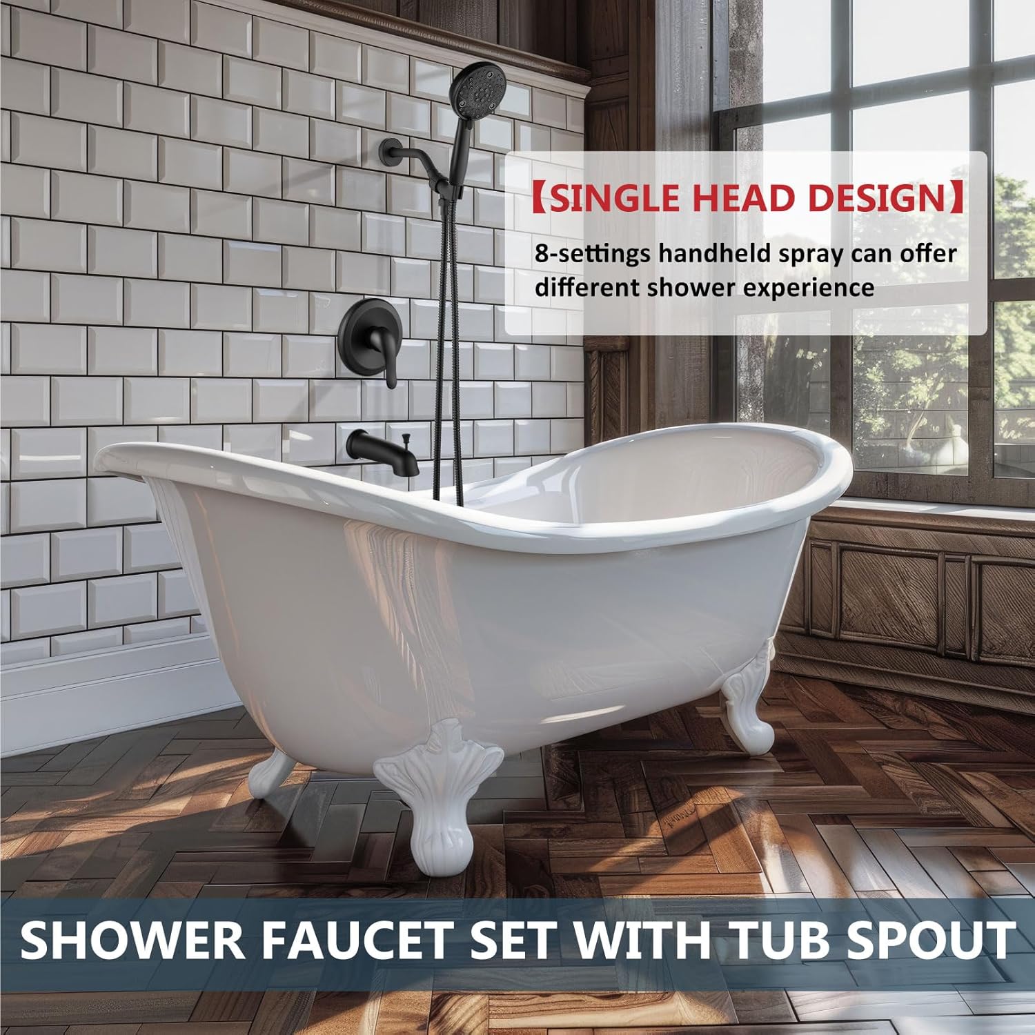 Aolemi Shower Faucet Set with Tub Spout Rain Shower Head System Shower Trim Kit Pressure Rough-in Valve Included ABS 8 Setting Single Handheld Spray Matte Black - Image 8