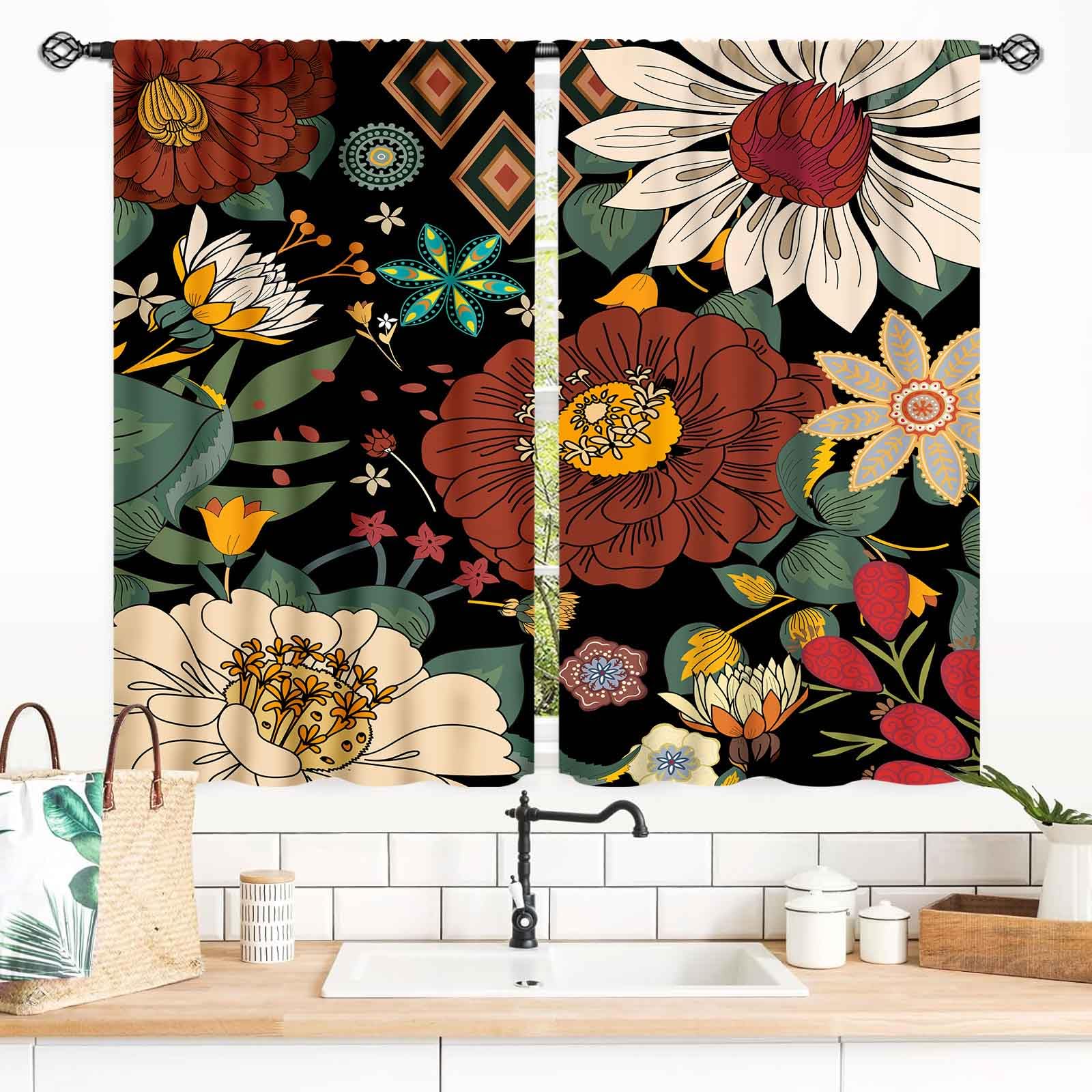 Black Floral Curtains for Kitchen, Boho Floral Tropical Botanical Leaves Vintage Paisley Indian Medallion Mandala Colorful Living Room Bedroom