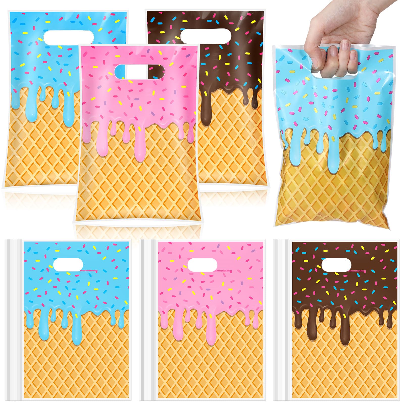 Glenmal 50 Pcs Ice Cream Drip Party Favors Gift Bags Plastic Ice Cream Goodie Candy Treat Snack Bags for Birthday Summer Baseball Party Supplies