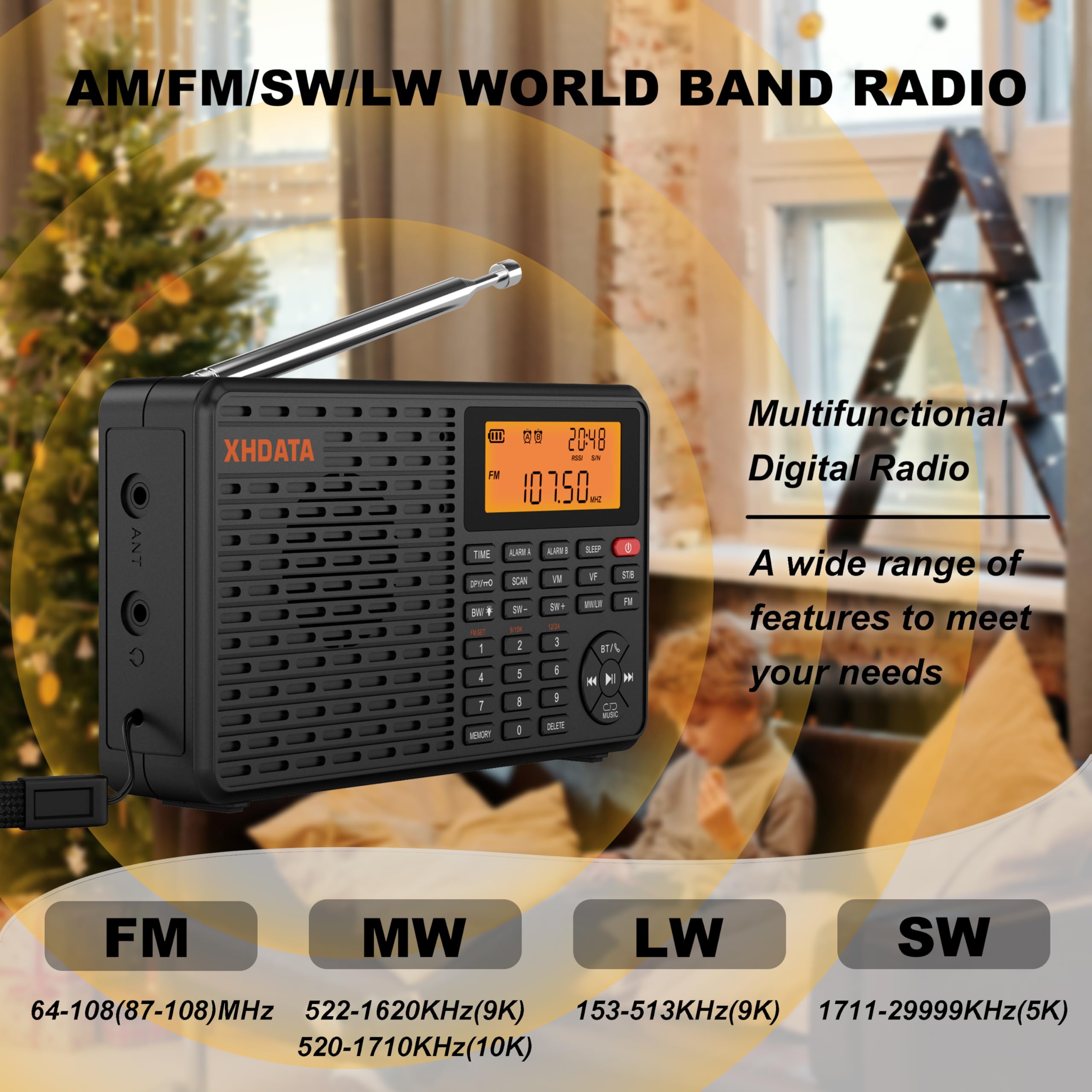 Radio portátil, Radios Digitales con Bluetooth, Radio FM Recargable USB-C, Reloj de Alarma Dual, Temporizador de Sueño, 400 Preajustes, Soporta Micro SD para Música, XHDATA D-109 para Casa, Viajes