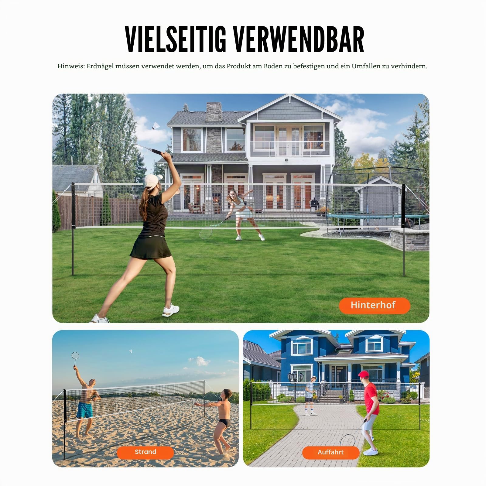 VEVOR Badmintonnetz-Set, Badmintonnetz für den Außenbereich im Hinterhof, Strandpark, Badmintonnetz für Erwachsene & Kinder mit Stangen, Tragetasche, 4 Eisenschlägern & 3 Nylon-Federbällen