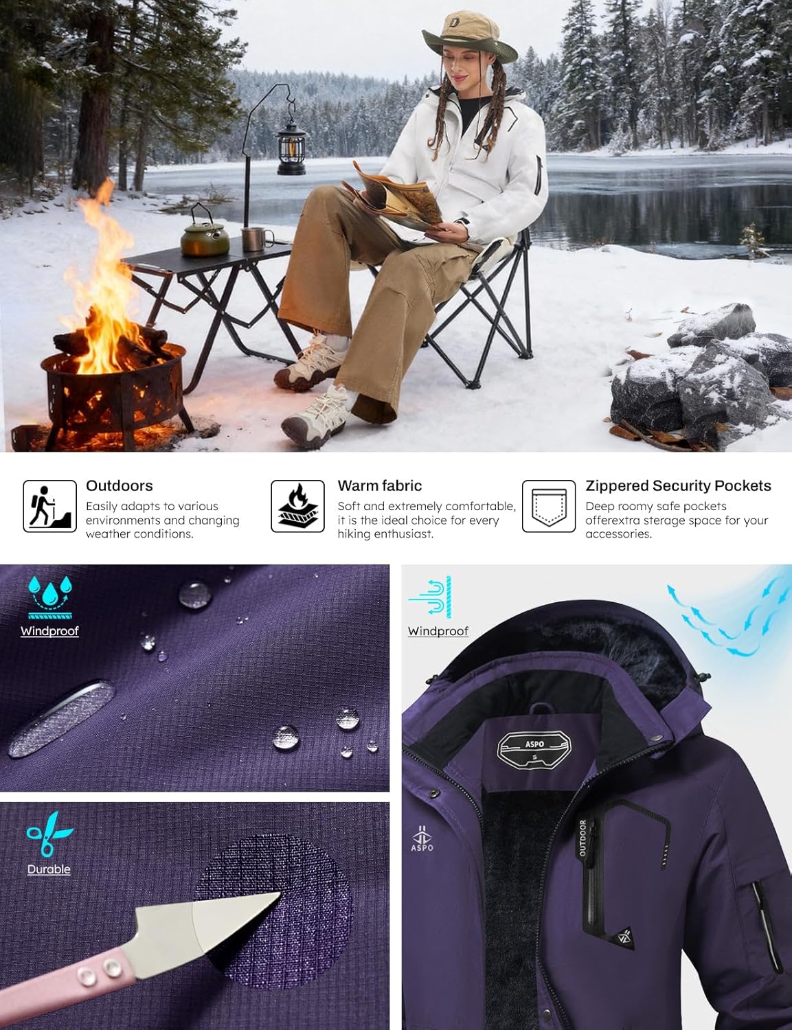 ASPO レディース 防水 スキージャケット 暖かい 冬 スノーコート フード付き スノーボード ウィンドブレーカー フリース裏地