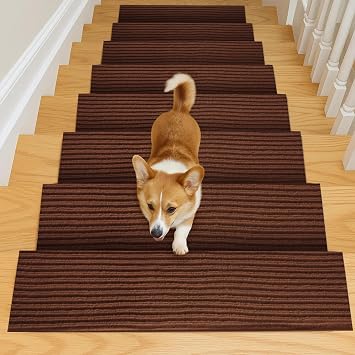 15 PCS Self-Adhesive Stair Treads for Carpet Steps - Non-Slip Stair Mats, Fabric Reusable Anti-Slip Stair Pads for Home Pets & Elders (Brown, 60x23cm)