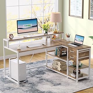 Tribesigns L Shaped Desk with Drawers and Monitor Stand, L Corner Desk w...