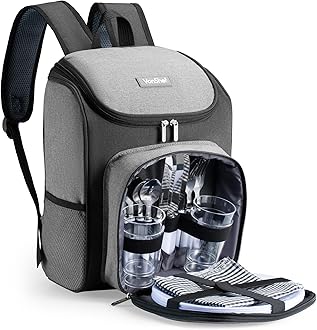 VonShef Picnic Backpack, 4 Person Grey Picnic Hamper with Dining & Cutlery Set & Cooler Compartment, Lightweight Water Resistant Cool Bag, Insulated Camping Accessories