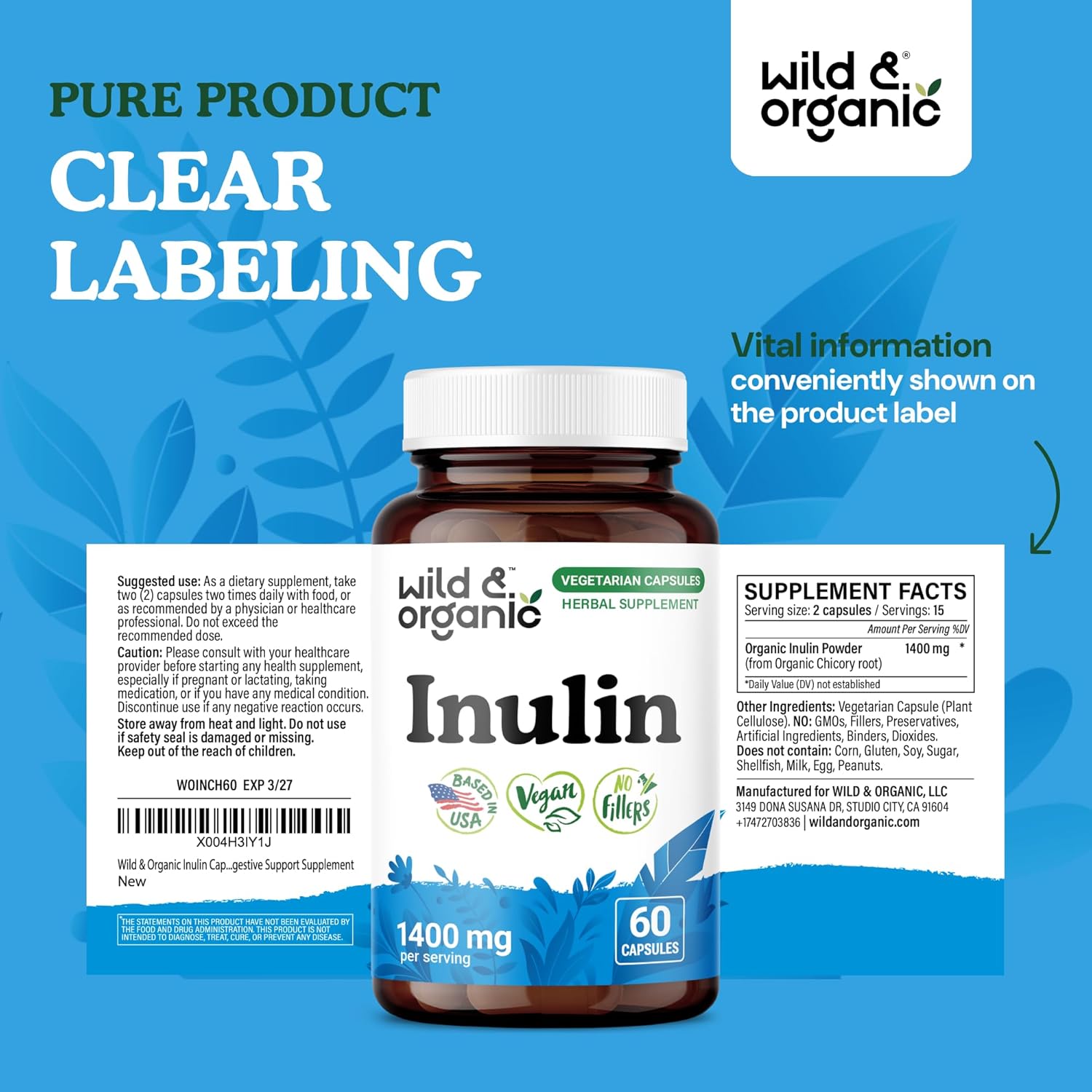 Wild & Organic Inulin Prebiotic Fiber Capsules 1400 mg - Digestive & Gut Support - Chicory Root Inulin Powder Supplement - Vegan, No Fillers, Non-GMO - 60 Count - Image 7