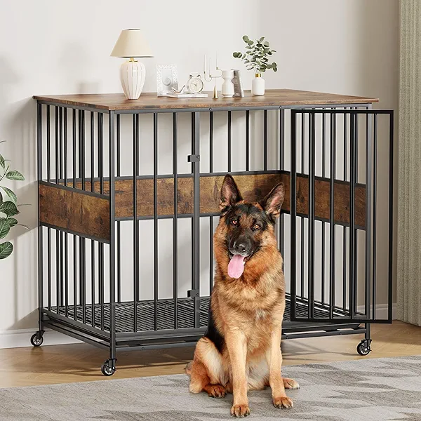 Dog Crate Furniture with Wheels, 47 Inch Dog Kennel Indoor Furniture End Table Dog Crate for Dogs, Farmhouse Decorative Wooden Dog Cage Table with Double-Trays, Chew-Resistant,Rustic Brown