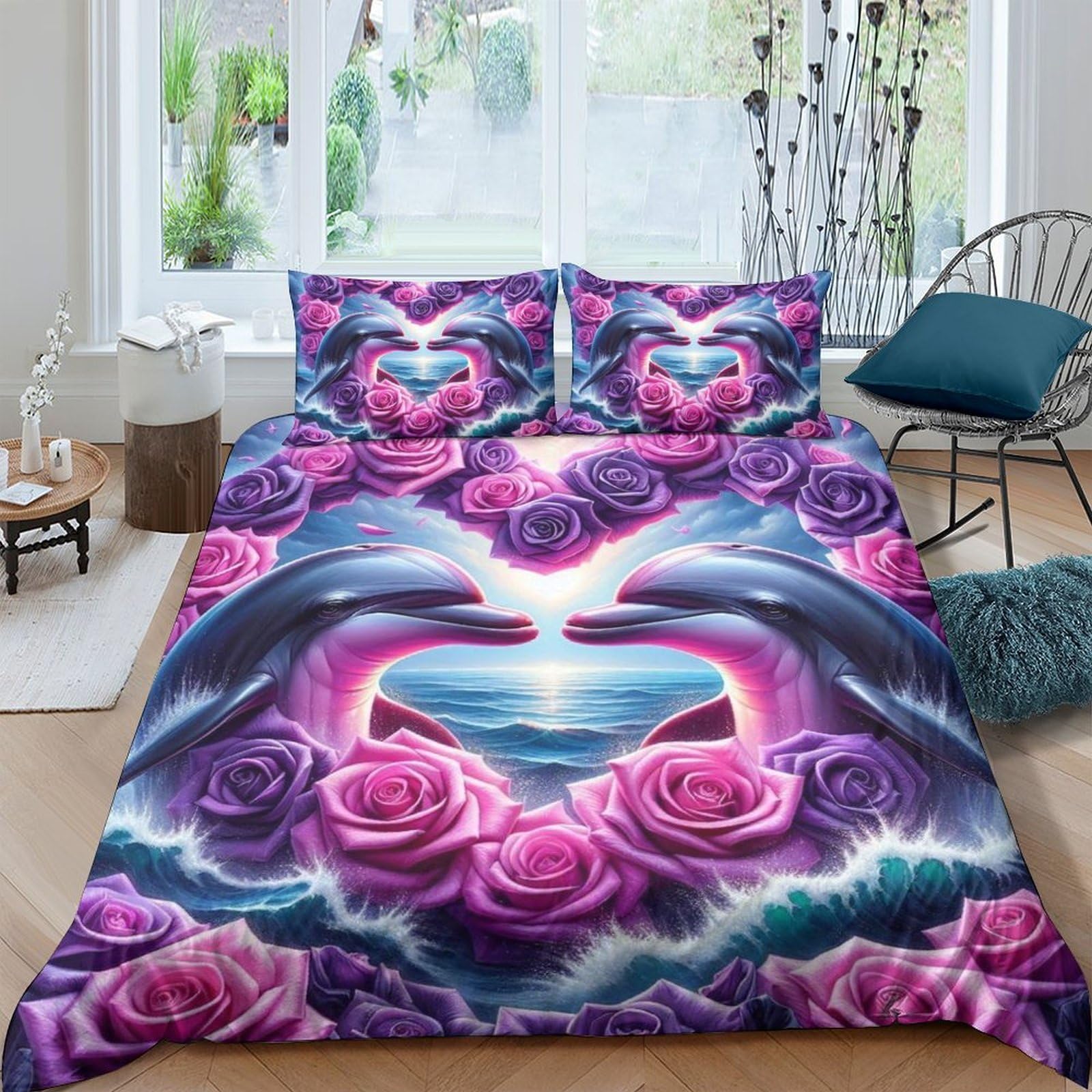 Tyuiopasdfg Colorful-18 Art Lover Dolphin Duvet Cover Set Microfiber 3 Piece Bedding Set Ocean Rose Heart Soft Touch Double（200X200cm）