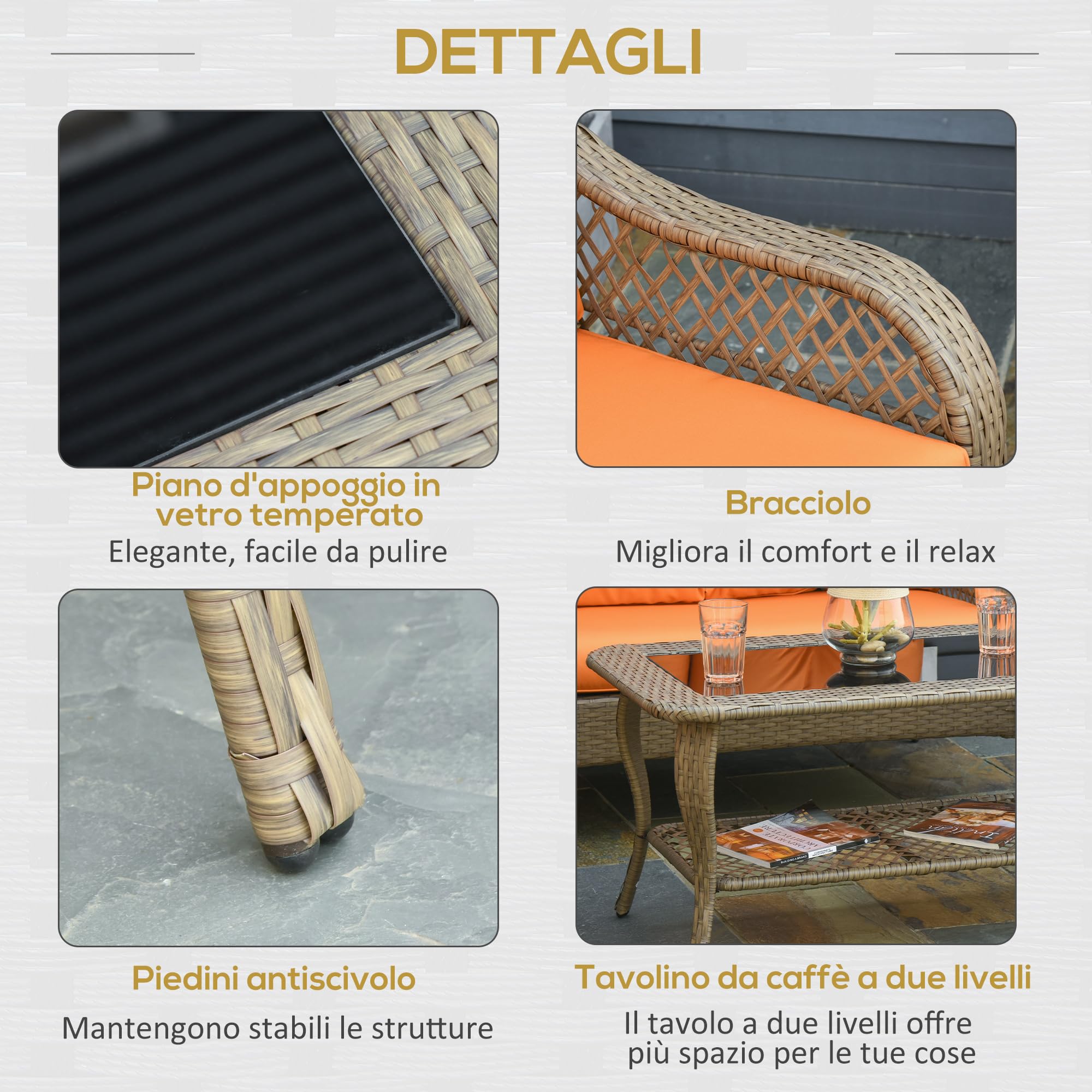 Outsunny Set Mobili da Giardino Rattan PE 2 Poltrone Khaki e Arancione | Divano a 2 Posti, Tavolo, Cuscini
