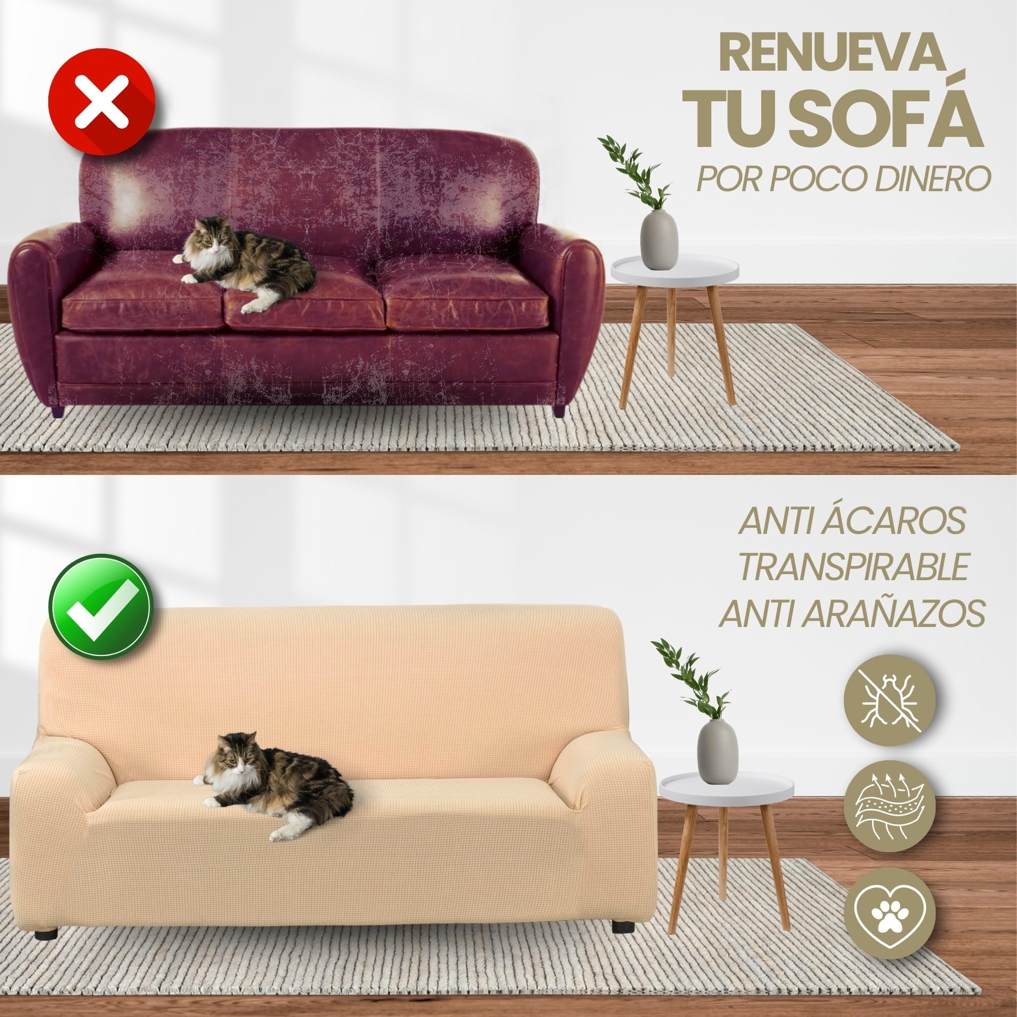 LAN&LAN - Funda Sofa, 4 plazas, Funda Sofá Elástico y Ajustable, Funda de Sofa Cómoda y Lavable, Cubre Sofá Que Previene Manchas de Niños y Pelos de Mascotas (Marfil)