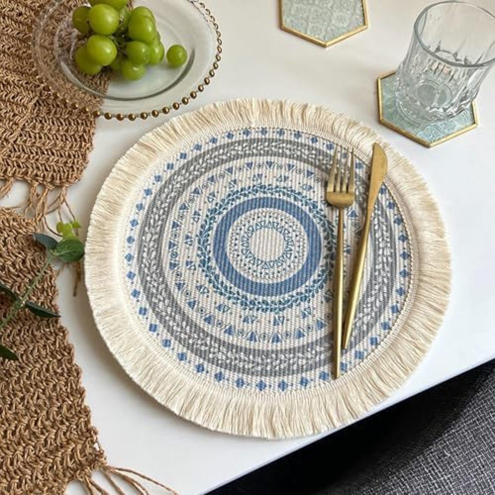 Set de table rond antidérapant et résistant à la chaleur lavable en coton polyester