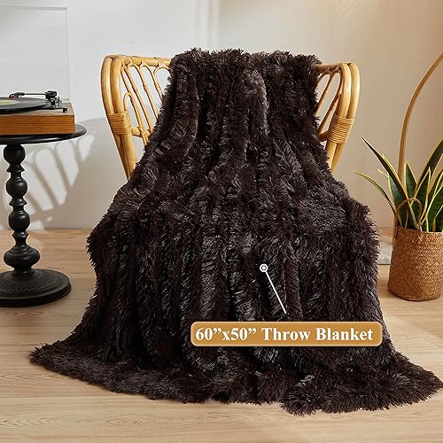 Vista 65 de XeGe Manta de felpa de piel sintética, cómoda manta mullida de 50 x 60 pulgadas, lujosa manta bohemia ligera para sofá, manta otoñal ultra suave