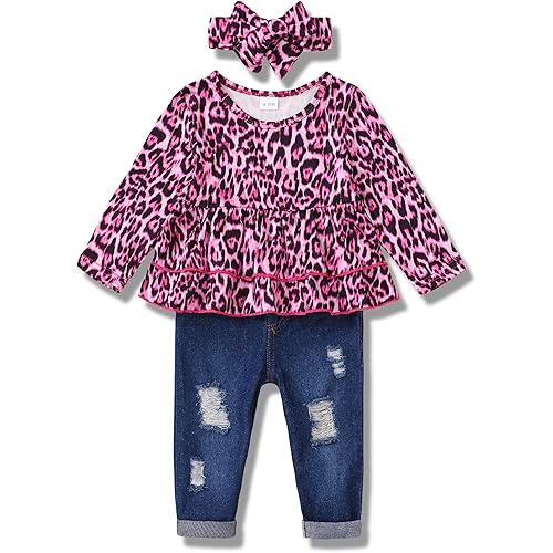 XUANHAO Baby Girl Clothes 12 18 24 Months Outfits For Infant Toddler Denim Girls' Clothing Ruffle Top Ripped Jeans Pant Sets