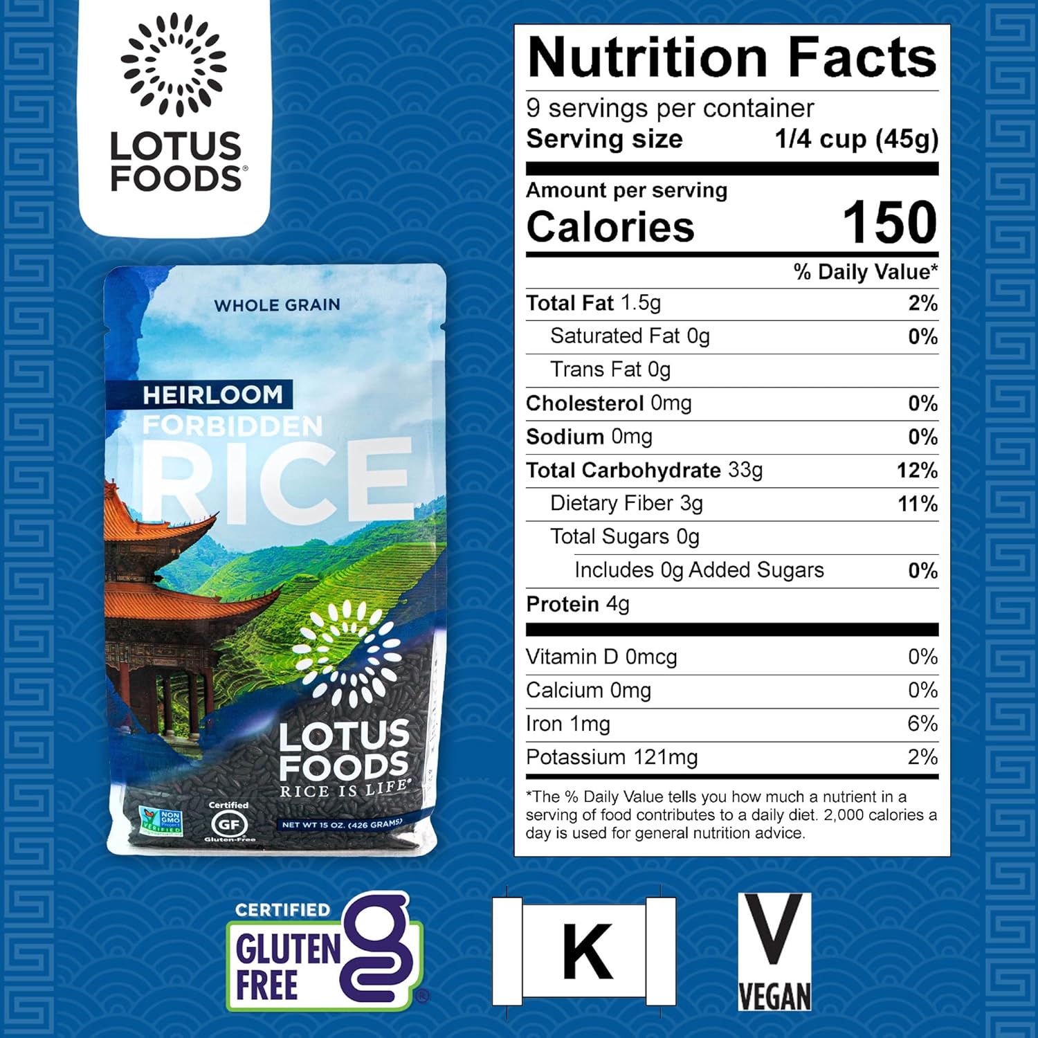 Lotus Foods Heirloom Forbidden Rice - Black Rice, Purple Rice, Black Rice Bulk, Gluten Free Heirloom Rice, Whole Grain, Non GMO, Vegan - 15 Oz Bag (Pack of 6)