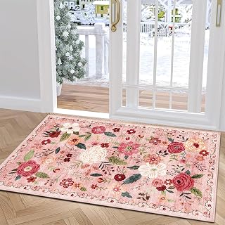 2x3 Washable Small Area Rug Pink Boho Floral Non-Slip Entryway Door Mat | Carpet for Pet Feeding Areas, Bathroom, Bedroom, Kitchen, Soft Low-Pile, Kid & Pet Friendly, Stain, Fade & Wear Resistant