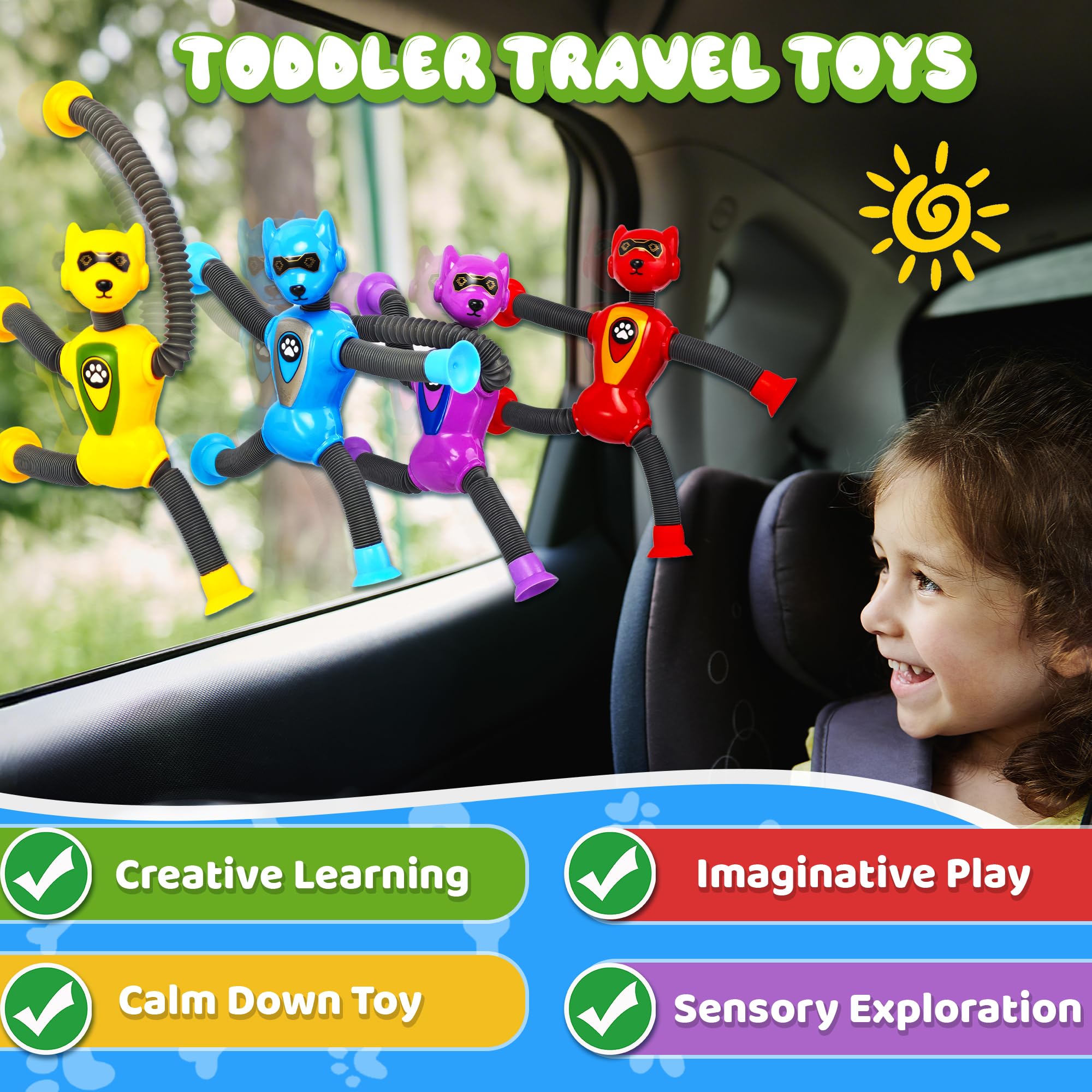 Valentines Day Gift for Classroom Boys Robot Dog Sensory Pop Tube for Toddler Kid 4PC Travel Toys Airplane Car Toy Activities Autistic Road Trip Suction Tube for Boys 3 - 8 ADHD Autism 5