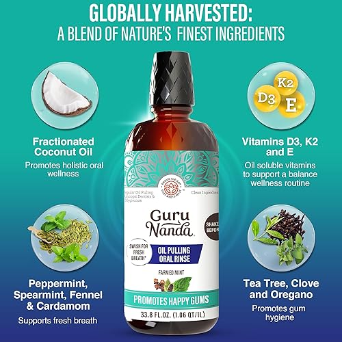 Vista 21 de GuruNanda CocoMint - Enjuague bucal para una higiene bucal completa, 7 aceites esenciales y vitaminas para dientes felices, encías y aliento fresco