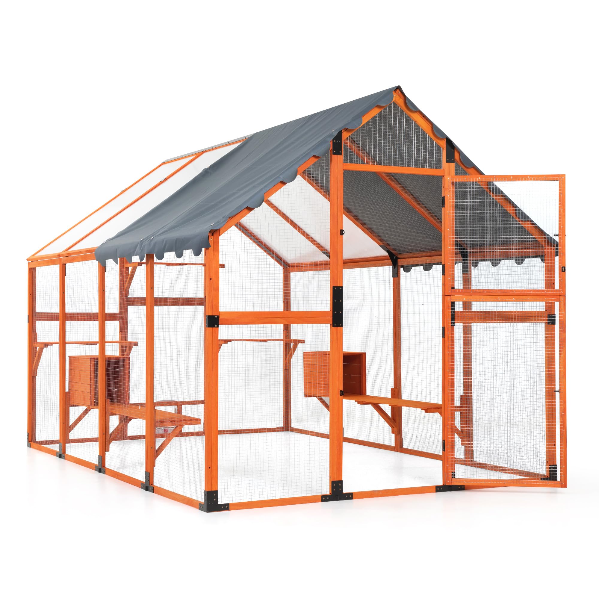 COZIWOW Catio Outdoor Cat Enclosure Extra Large Wooden Cat Catio for Multiple Cats, 53.5ft² Big Run | Enhanced Stability | Window Connecting | Walk-in | Weatherproof Roof with Full Cover (Orange)