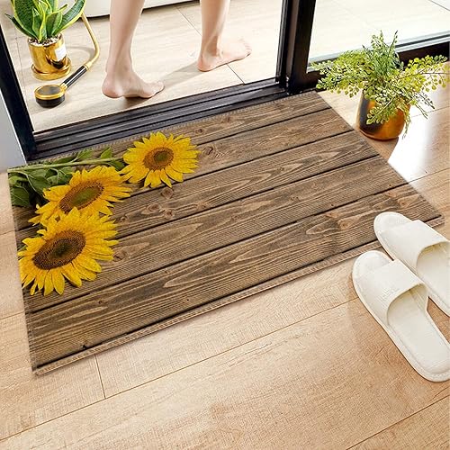 Alfombra de baño antideslizante madera marrón girasol microfibra suave y absorbente lavable a máquina 24 x 16 pulgadas
