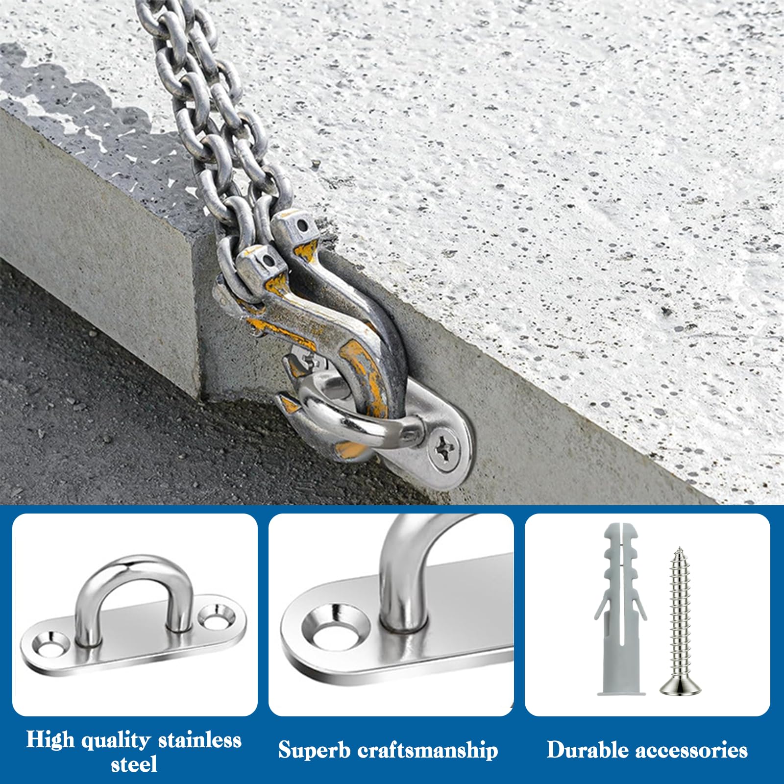 BORISCA 8 Pcs Stainless Steel Oblong Pad Eye Plate with 2 Hoods, M5 U Hooks with 16 Screws+Expansion Pipes - Image 3