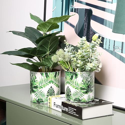 Miniatura 3 de MyGift Maceta moderna de metal con diseño de hoja de palma verde e interior en tono latón, contenedor decorativo para suculentas, juego de 2 piezas,