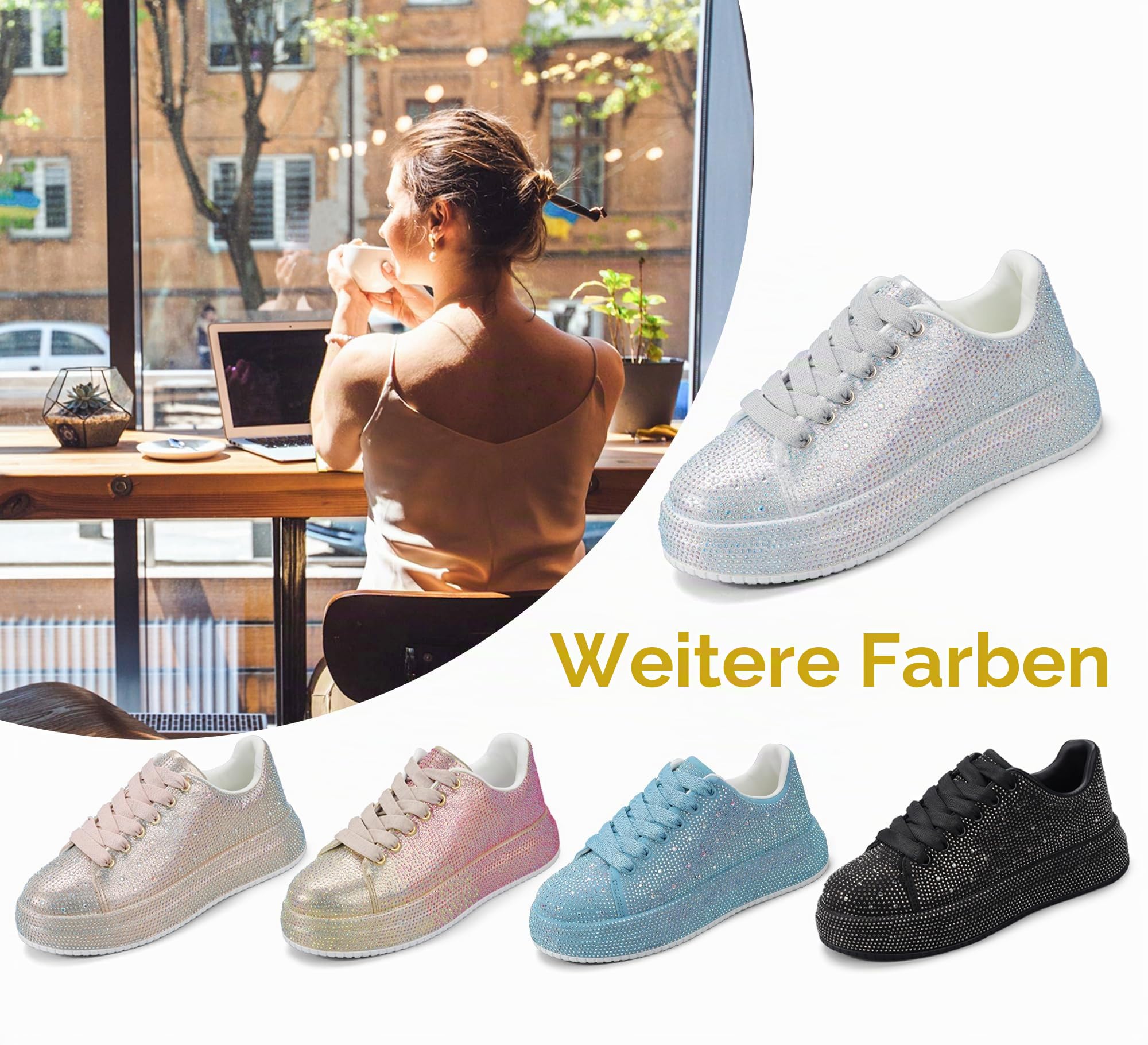 LUCKY STEP Strass-Sneaker für Damen, Plattform Funkelnde Glitzer-Bling-Tennisschuhe, Mode Hochzeit Braut Party Walking Sneakers