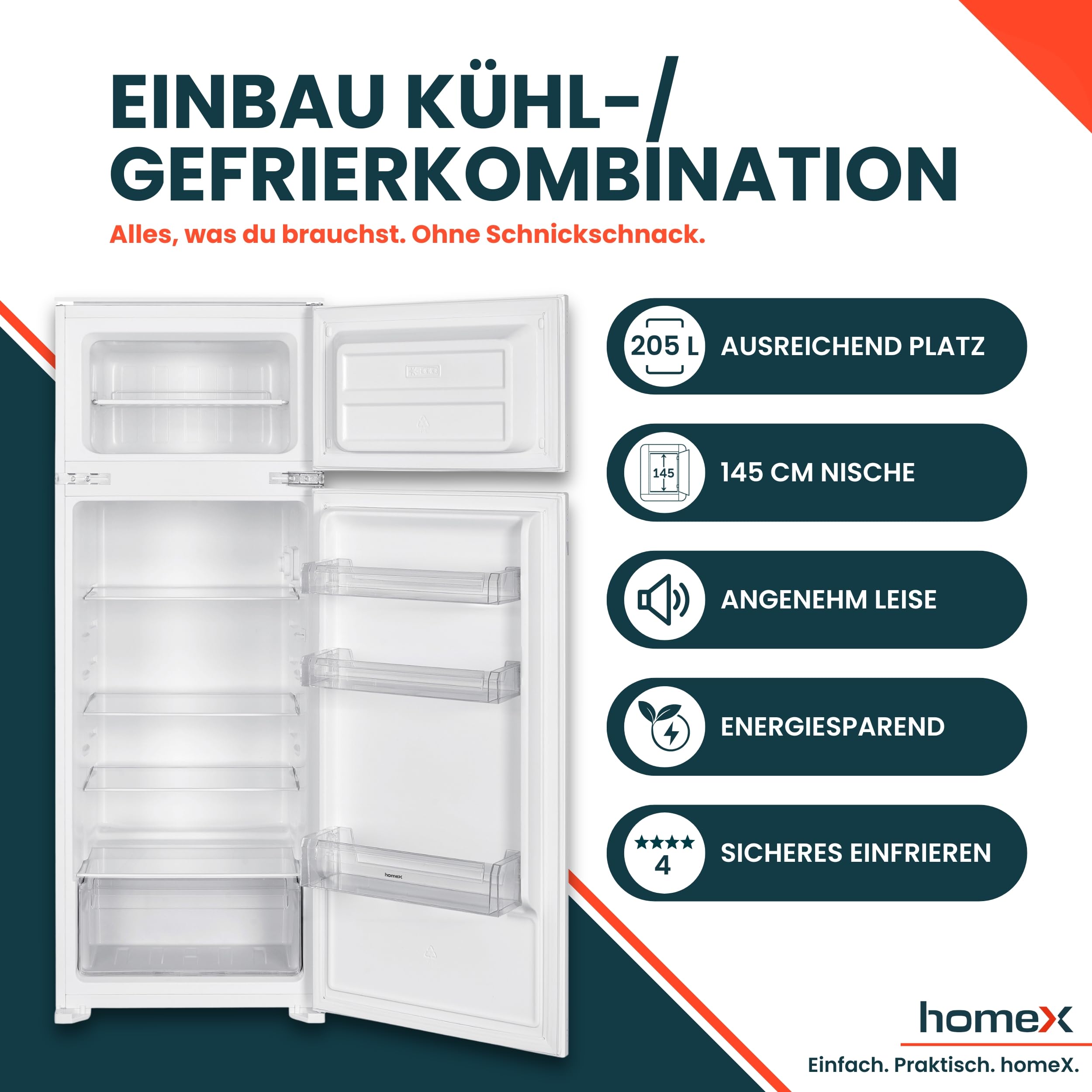 homeX CFB2051E Einbaukühlschrank mit Gefrierfach 145cm Nische 205 Liter | Einbau Kühl Gefrierkombination, Schlepptürtechnik, LED-Beleuchtung, leise 37 dB, Türanschlag wechselbar, 4-Sterne Gefrieren