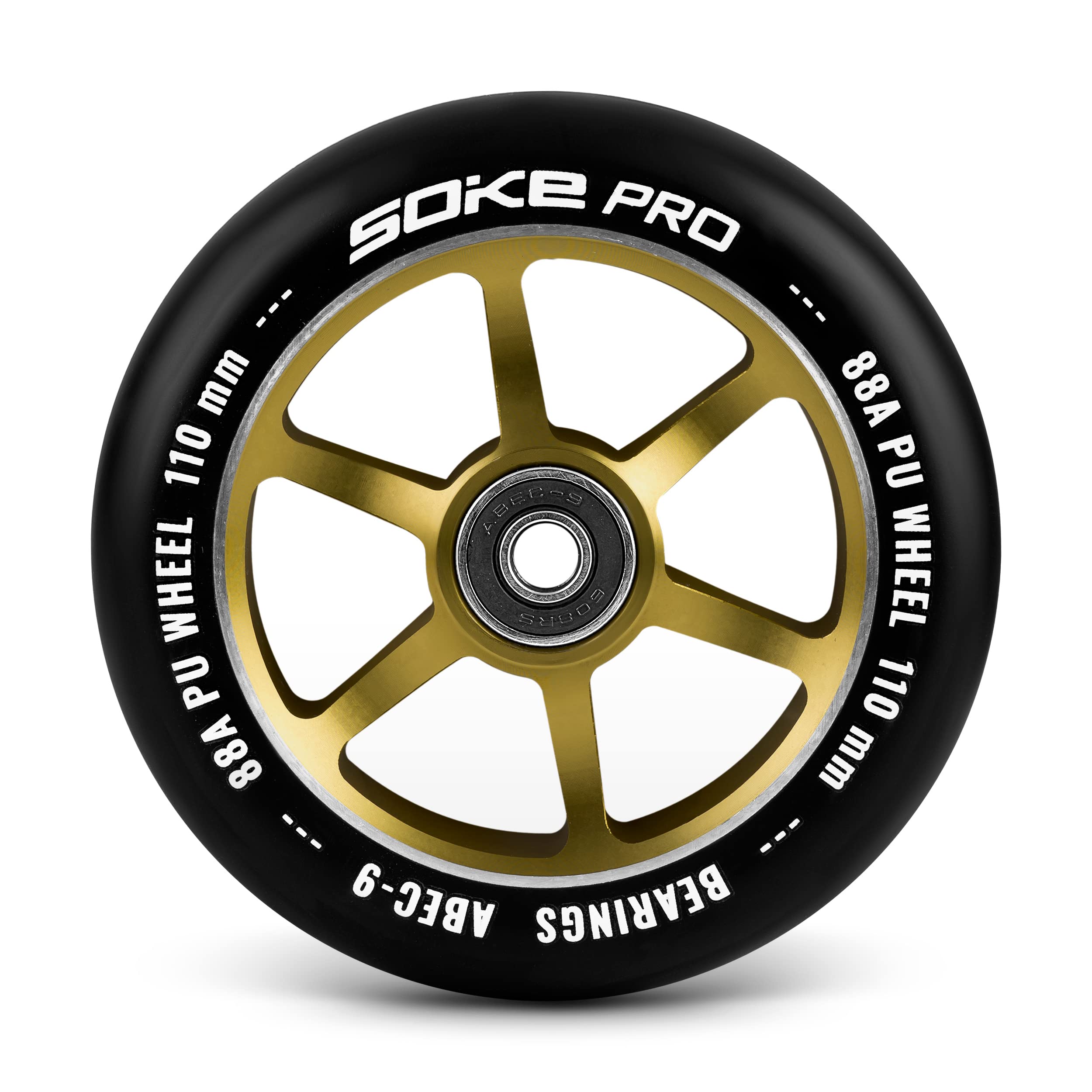 SOKE Juego de ruedas de patinete de 2 piezas de diámetro 110 mm con ruedas de 8 mm rodamientos ABEC 9 dureza 88A aluminio y PU para superficies duras doradas