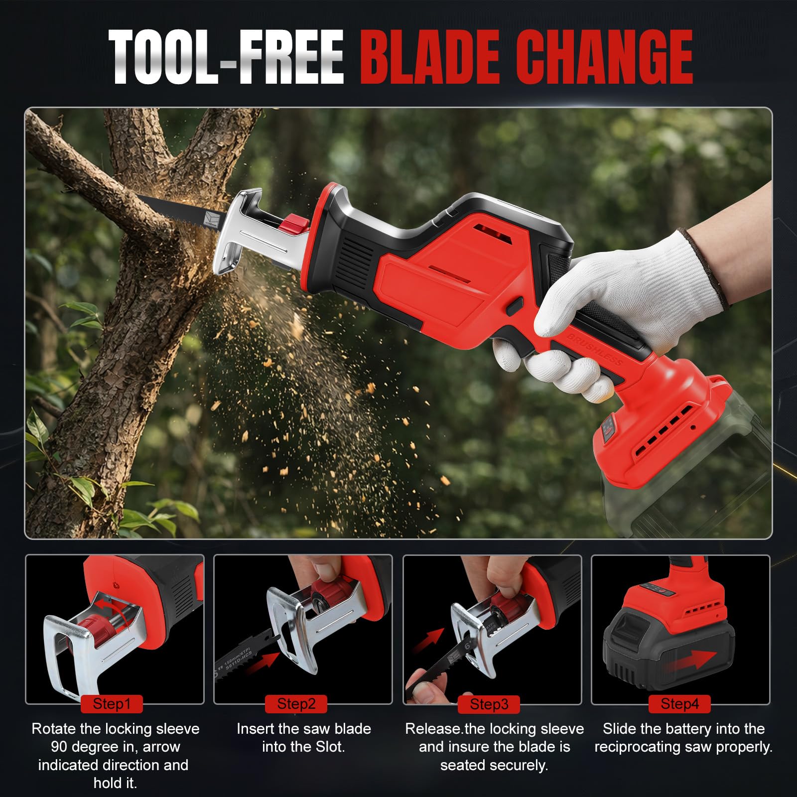 Scie sabre sans fil avec 4 lames pour Milwaukee 18V (sans batterie) | 600W, scie sabre, sans balais, LED, coffret plastique, pour bois et PVC