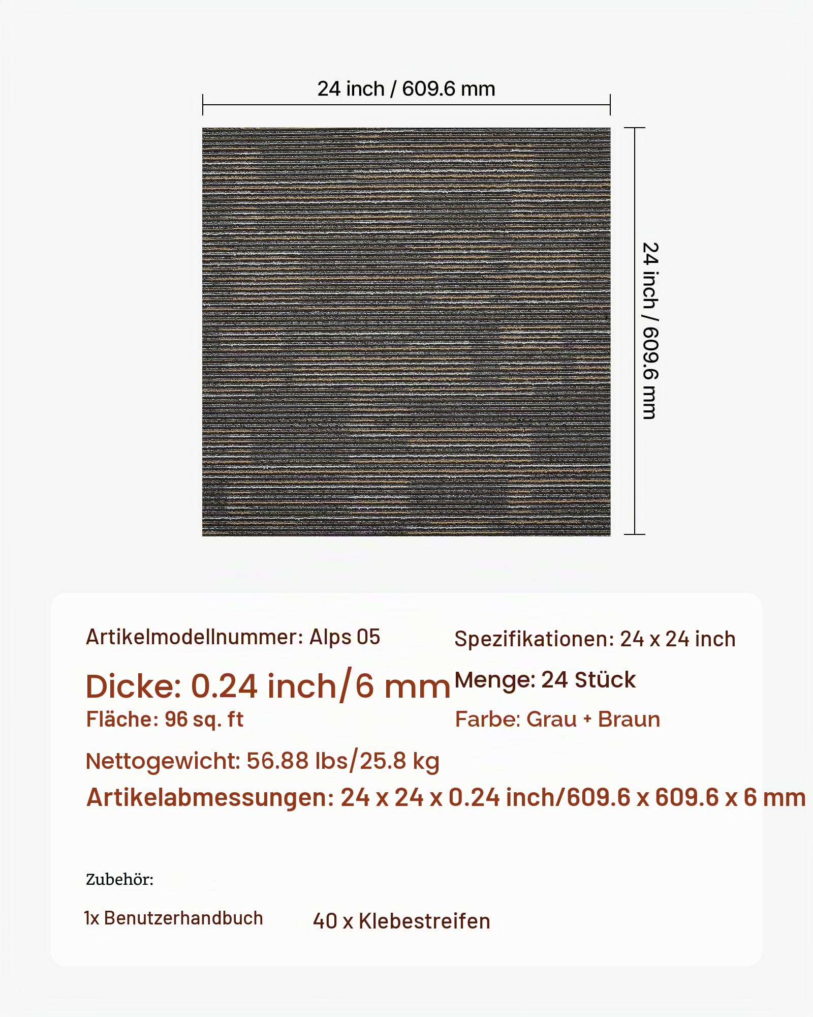 VEVOR Teppichfliesen 609,6 x 609,6 x 6 mm, 24er-Pack, modularer Teppichboden mit Fläche von 9 m², Teppich Bodenbelag, einfacher DIY-Austausch für Wohnzimmer und Büro, Grau und Braun