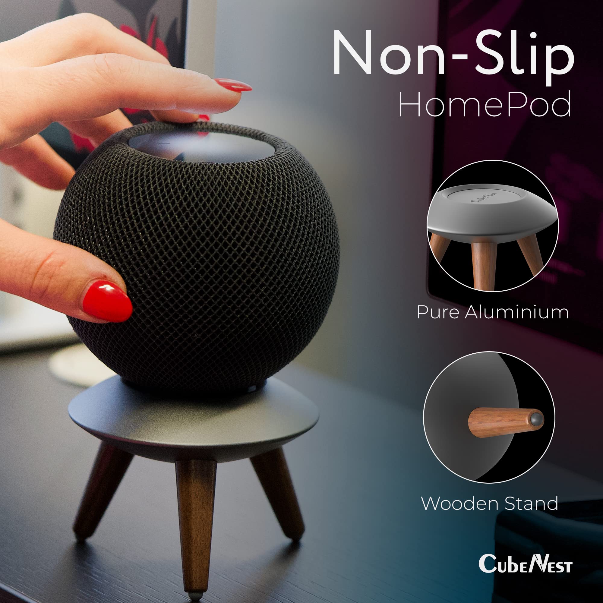 Supporto Per HomePod Mini Ed Echo Pop - Base In Legno Con Gambe - Nero - Foto 5