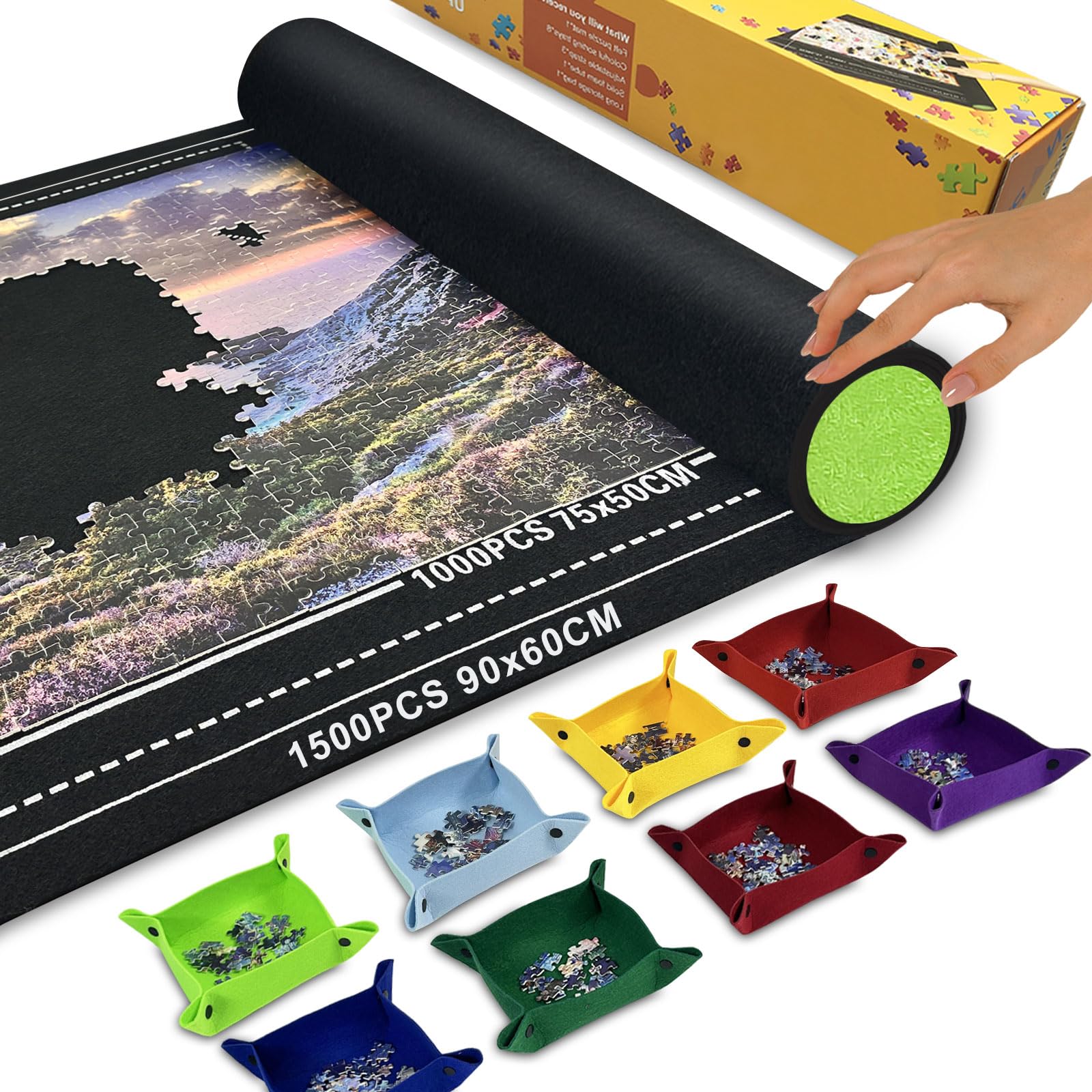 GOECI Puzzle Mat Roll Up with 8 Sorting Trays & Storage Gift Box, Large 46x26 Inch Puzzle Board for 500-1500 Pieces, Portable Puzzle Saver Kit with