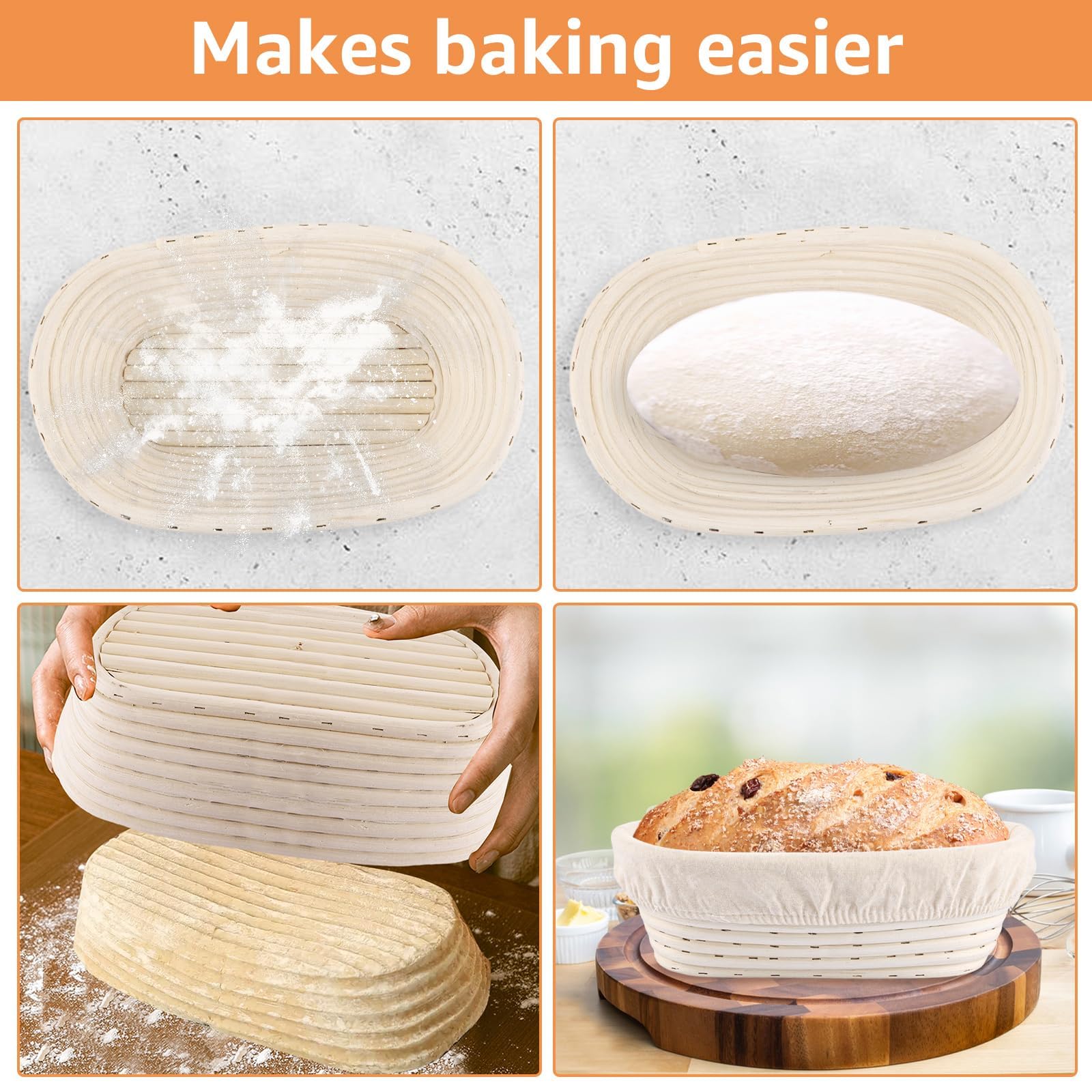 Lot de 2 paniers de fermentation ovales de 30 cm avec chiffon en lin et pinceau à huile en silicone, panier de fermentation pour la cuisson du pain et de la pâte à pain