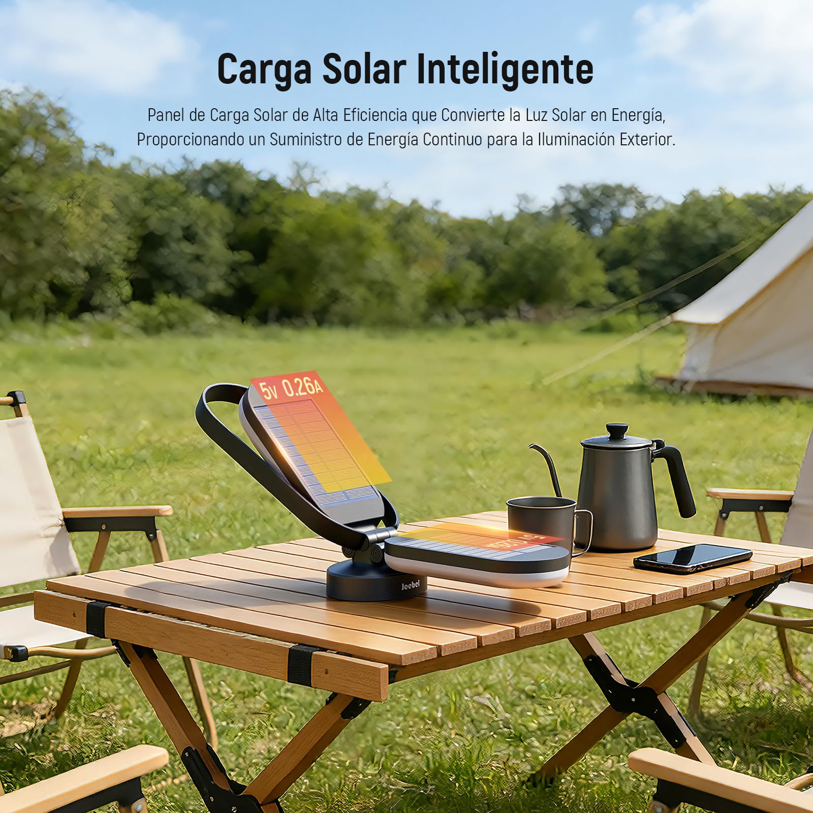 Jeebel Lámpara de Camping Solar, Linterna LED Recargable Plegable con Batería Externa 5000mAh, Regulable Toque, 4 Modos, IP55, Luz para Tienda de Exterior/Excursión/Urgencia/Corte de Corriente (Negro)