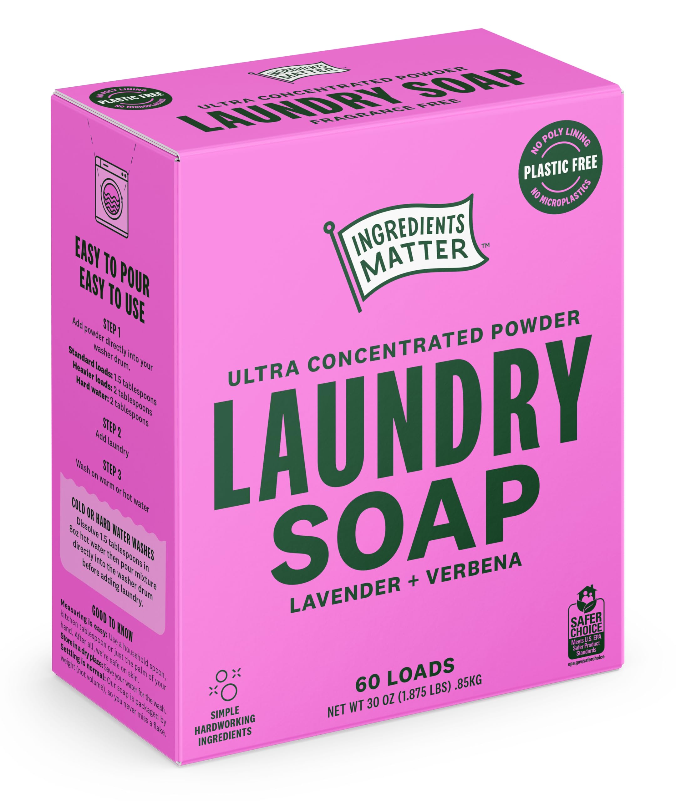 Ingredients Matter Powder Laundry Soap - Lavender Scent, Hypoallergenic Detergent, Natural & Eco-Friendly, Plastic Free, Made in USA, Natural